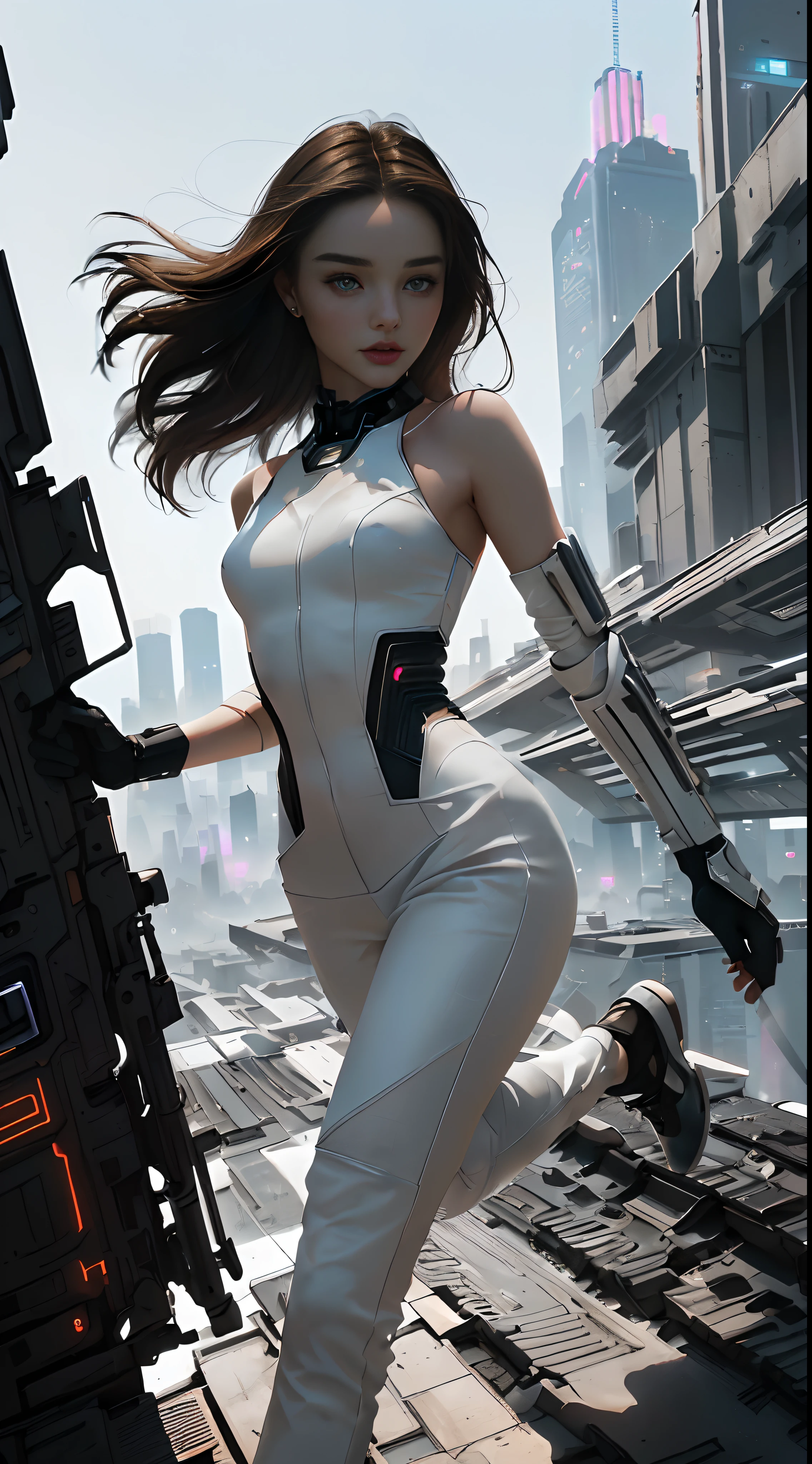 ((Cate: Similar to Miranda Kerr & Perfect face & White cyberpunk dress & Full armor with pants & Ultra-detailed hazel eyes & Tall & Slender & Pale skin & Dark brown hair cascading down to your shoulders & Small bust & hourglass figure, detailed hands)) She Is Running On The Rooftops, Dynamic Poses, Background Futuristic Night City,|