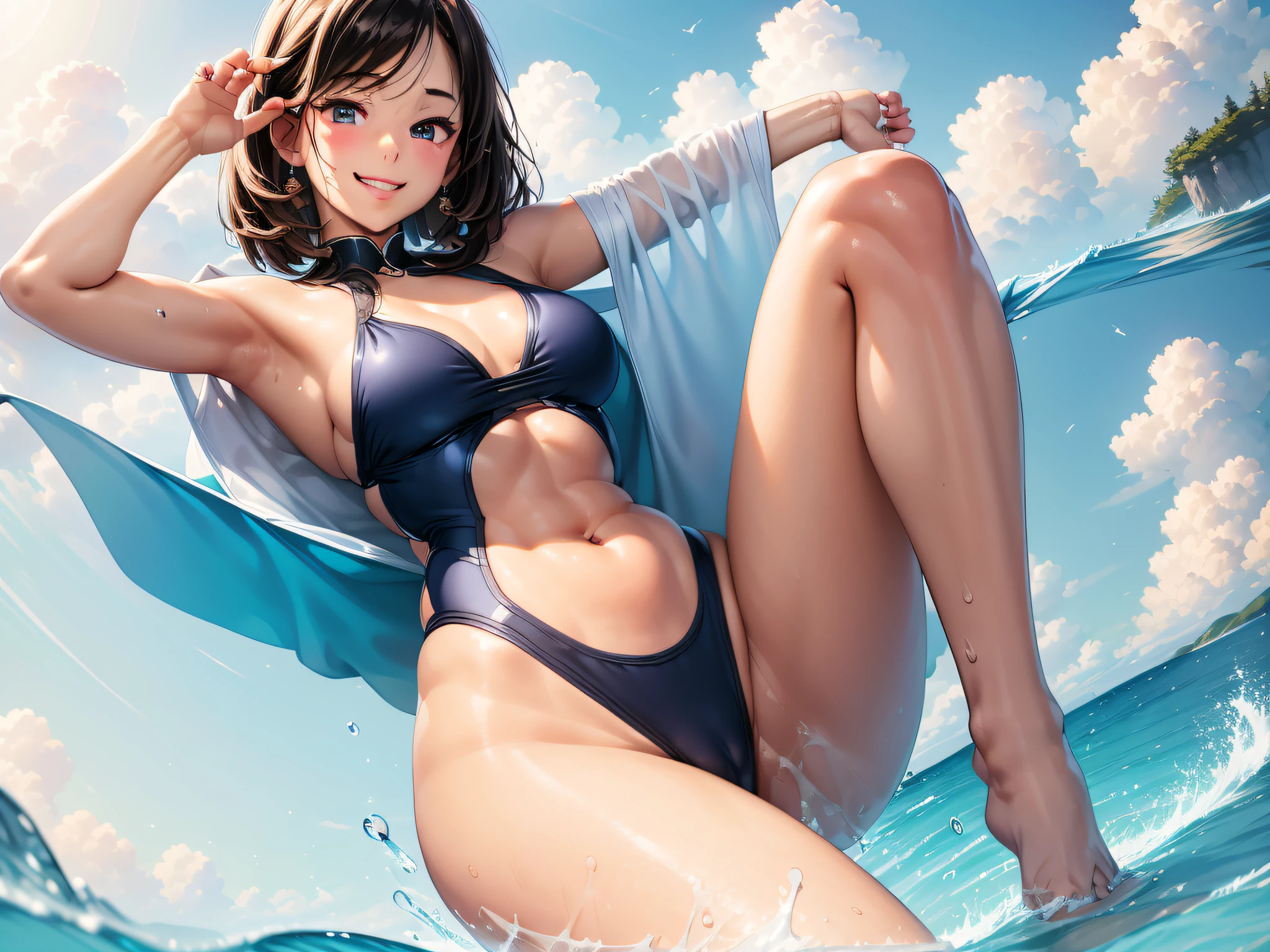 ​masterpiece、ultra-quality、ultra-detailliert、Perfect drawing、独奏、Beautiful girl in a swimsuit、Pee leakage(2.5)、Pee splashes out of the crotch(2.5)、red blush、Swimming Club、competition swim suit(onepiece swimsuit、highleg)10yaers old、Opening legs(30 cm)、Hold your crotch with both hands、Water gushing out of the crotch(2.5)、embarassed expression、Moisturized eyes、swimming pools、 Shot diagonally from below、thin fabric swimsuit、Light from the front、Right ahead、sunlights、Summer sky、clearface、​masterpiece、ultra-quality、ultra-detailliert、Perfect drawing、nffsw、3D、8K、
