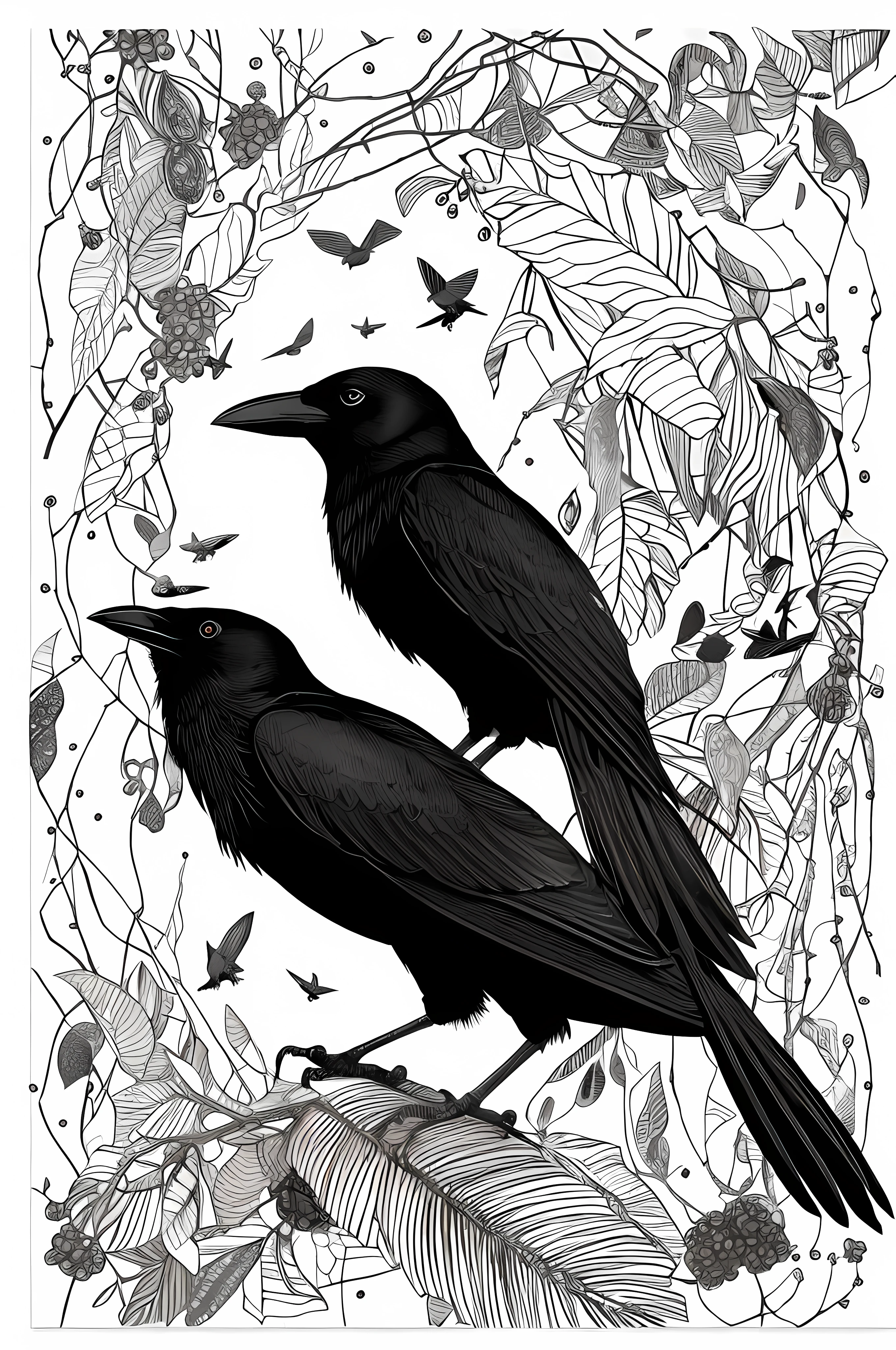 crows, Beautiful crow, Black crow, Detailed crow illustration, crows as a symbol of death, mystical birds, Highly detailed birds, highly detailed black feathers, Oak tree crow, Deer and crows, Flock of crows, A field full of crows, ravens, Among ravens, raven black