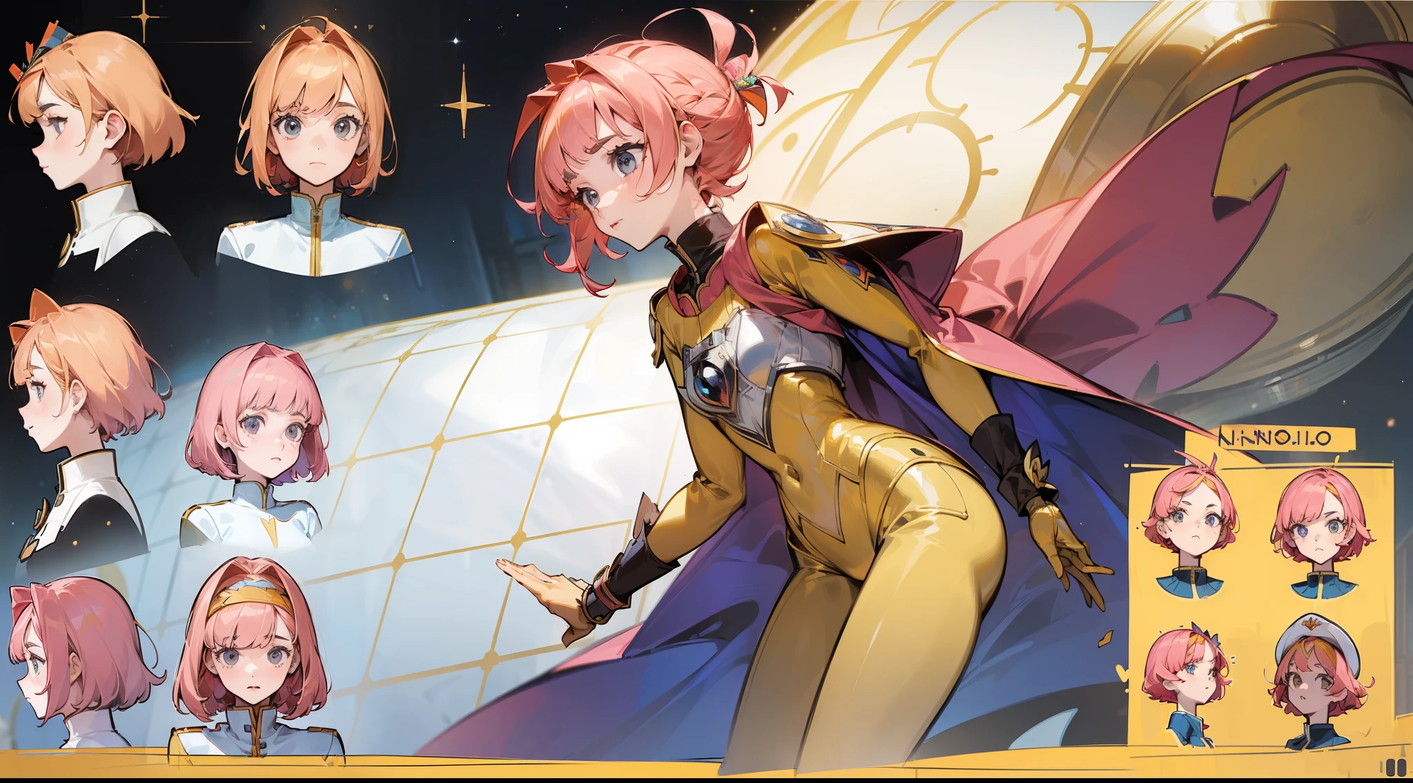 (((((Anne-Marie Alto))))), Anne-Marie Alto as space cadet, detailed face, short pink hair, ((golden suit)), ((character sheet)), character details, character items, many items, ((many details))