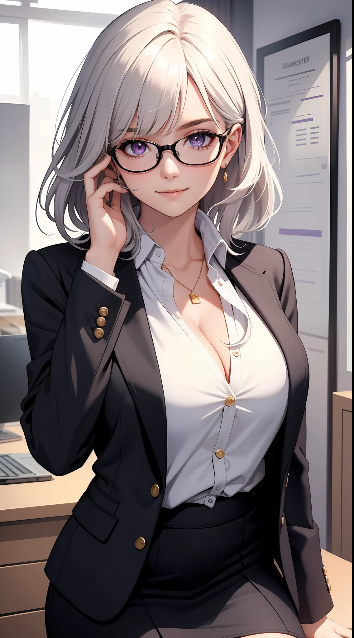 (Best quality:1.1), (Masterpiece:1.2), Highqualityshadow, Beautiful detailed, Beautiful face, Detailed eyes, Off-the-shoulder attire,Depth of field, A high resolution, Best shadow, Best illumination, 1girll, view the viewer, (White color hair:1.3),short detailed hair, Blunt bangs, Long hair, Purple eyes, Shy, Large breasts, Miniskirt, blouse, Blazer, Pump, Office Lady, Glasses,cleavage,looks into camera,ssmile,closeup cleavage