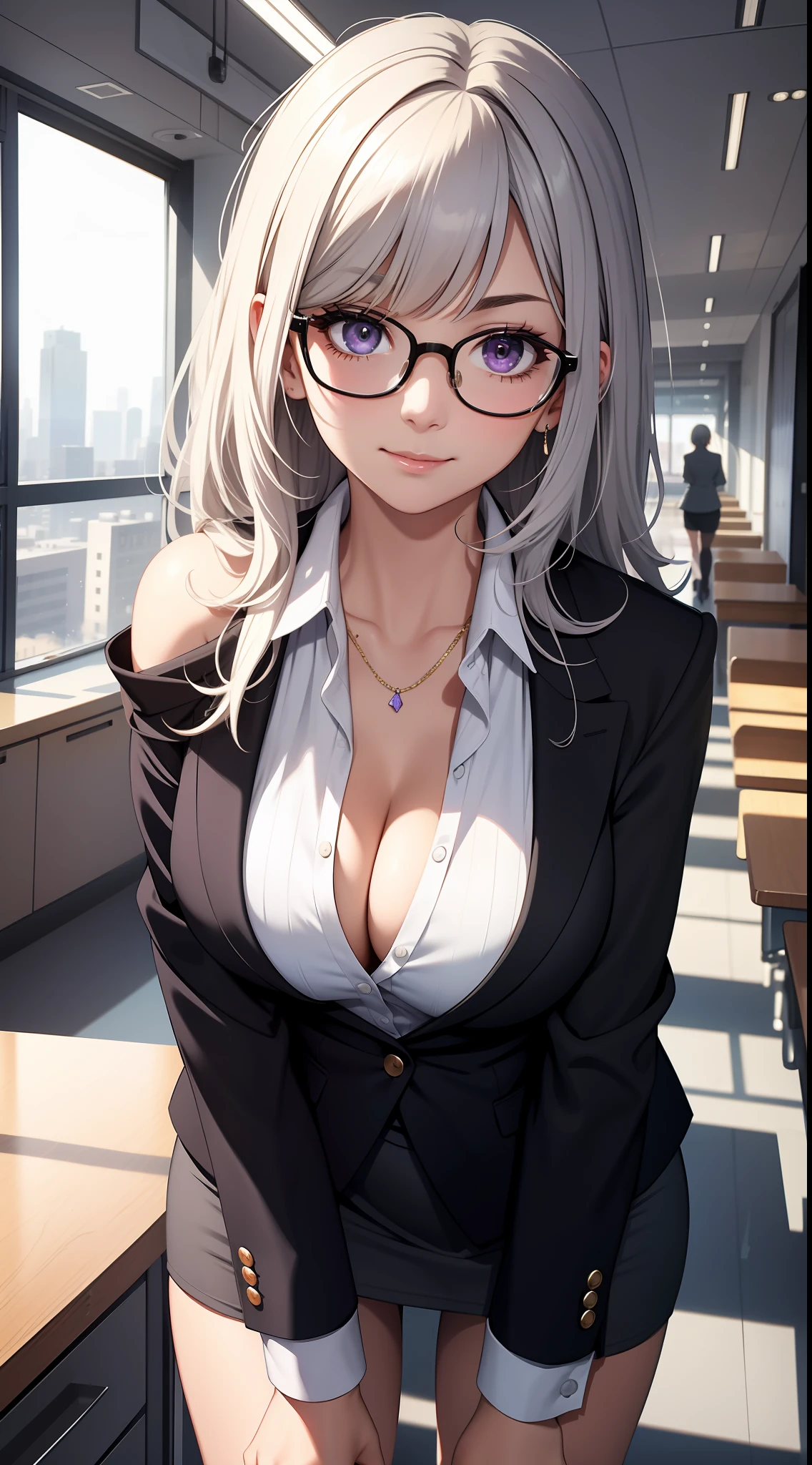 (Best quality:1.1), (Masterpiece:1.2), Highqualityshadow, Beautiful detailed, Beautiful face, Detailed eyes, Off-the-shoulder attire,Depth of field, A high resolution, Best shadow, Best illumination, 1girll, view the viewer, (White color hair:1.3),short detailed hair, Blunt bangs, Long hair, Purple eyes, Shy, Large breasts, Miniskirt, blouse, Blazer, Pump, Office Lady, Glasses,cleavage,looks into camera,ssmile,closeup cleavage