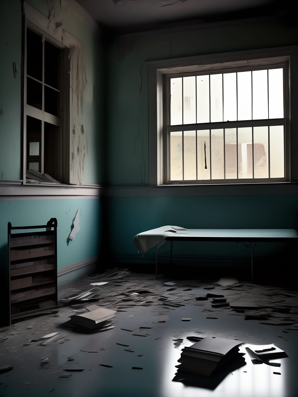 Gregory Cruderson style interior design，Very detailed wide angle architectural photography，Abandoned hospital，The floor was littered with broken glass and books，The walls have some thorns，There are some cracks in the walls，Surgical table，Very tiny light，The overall atmosphere is darker，Light，depth of fields，low-light