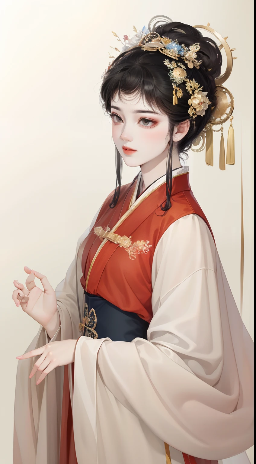 A beautiful girl in ancient China,The facial features are delicate and fair,Cool temperament,Red clothes,Black hair coiled into a bun,Wears a gold coat on his head,Chinese Song Dynasty clothing,Red gold maxi dress,Long black hair, rays of sunshine,Clear face,ultraclear,tmasterpiece,ultra - detailed,high qulity,HighestQuali,The main color is red,Background simple elements。Invisible hands,No hands。