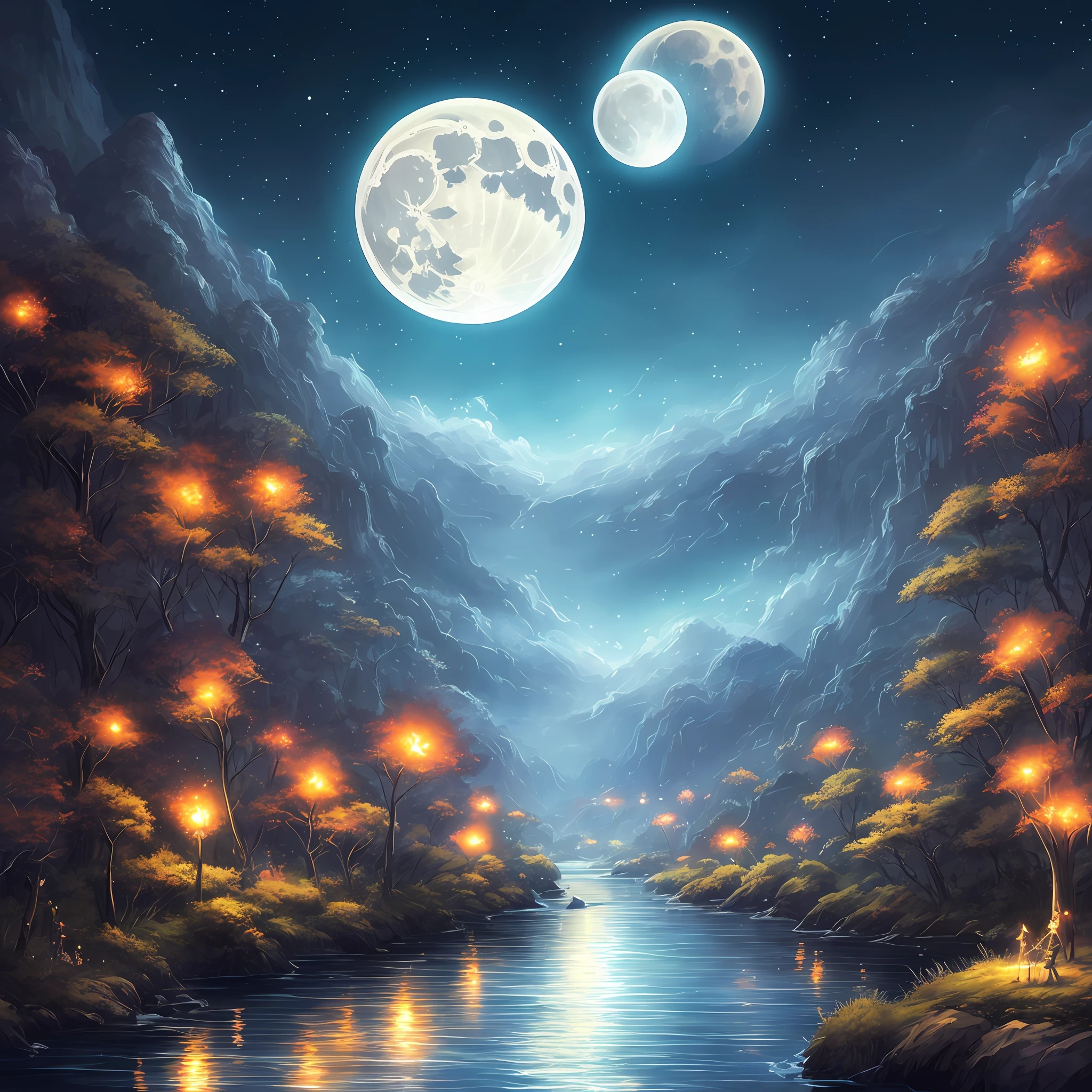 Painting of a river with stars and moon in the sky、Concept art inspired by Mitsuoki Tosa with many fireflies flying around、Pixiv Contest Winners、top-quality、Fantasyart、beautiful anime scene、Bright moon、Moonlit star environment、Dream painting、anime background art、Fantasy landscape art、fantasy knight、anime backgrounds、background artwork、fantastic art、atmospheric anime、starrysky、Detail has been enhanced。