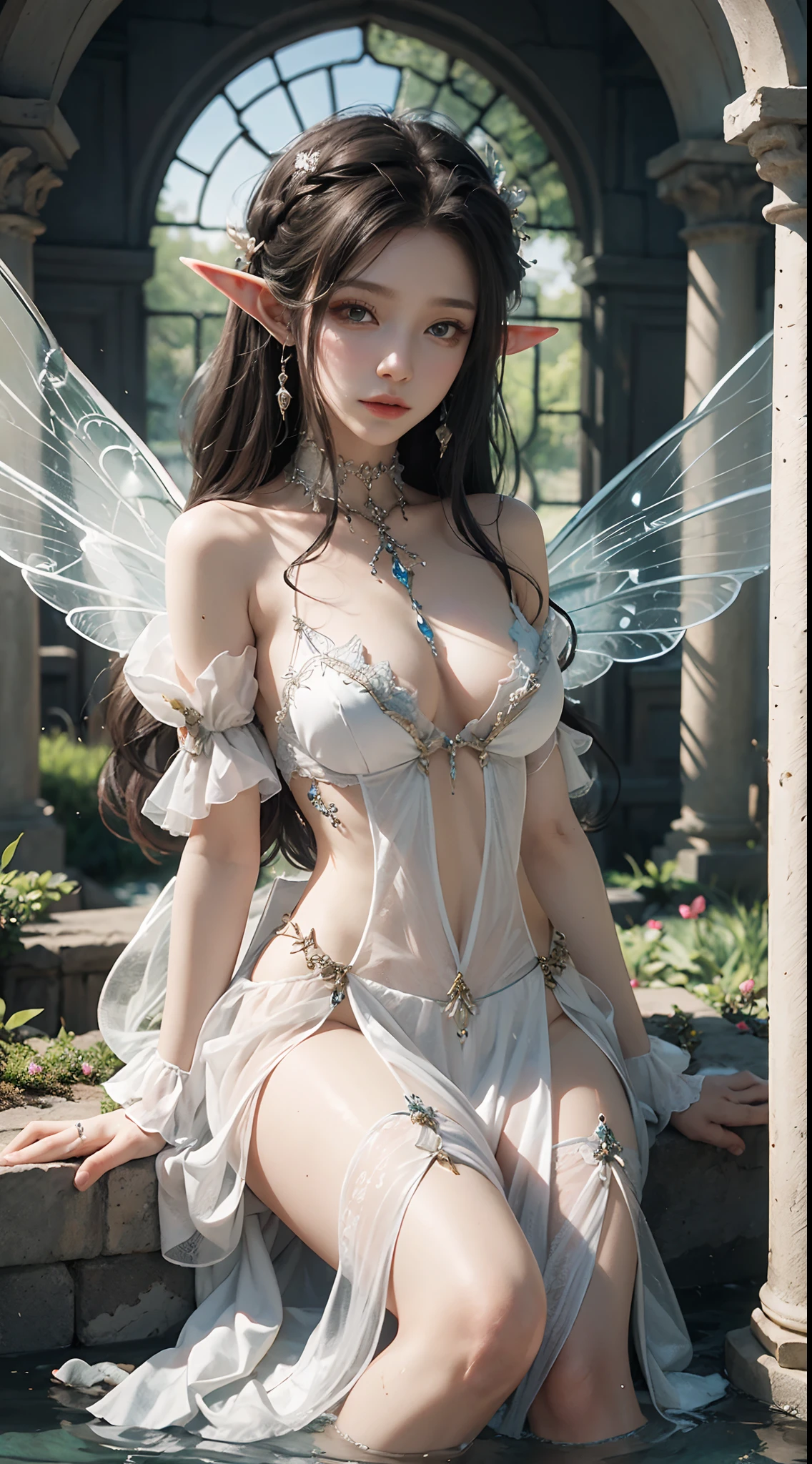 tmasterpiece,top-quality,orthofacial,Dressed in white,White angel wings,Beautifully braided,Elves flutter in the air,An ancient and mysterious palace,Fantastic white,A sense of fatalism,best qualtiy,Main layout,Light lighting,Ishimaru,the elf,Gauze sleeves,water fairy,closeup fantasy with water magic,Pixie in hand,Hand cast spells,Ethereal fantasy,fairy aesthetics,astral fairy,Beautiful Elf Queen,ethereal fairytale,fantasy aesthetic!,Fairy tale core,anime cosplaying,EtherealBeauty,Fantasy art style,Anime girl role play,Ethereal fantasy,Beautiful fairy in white