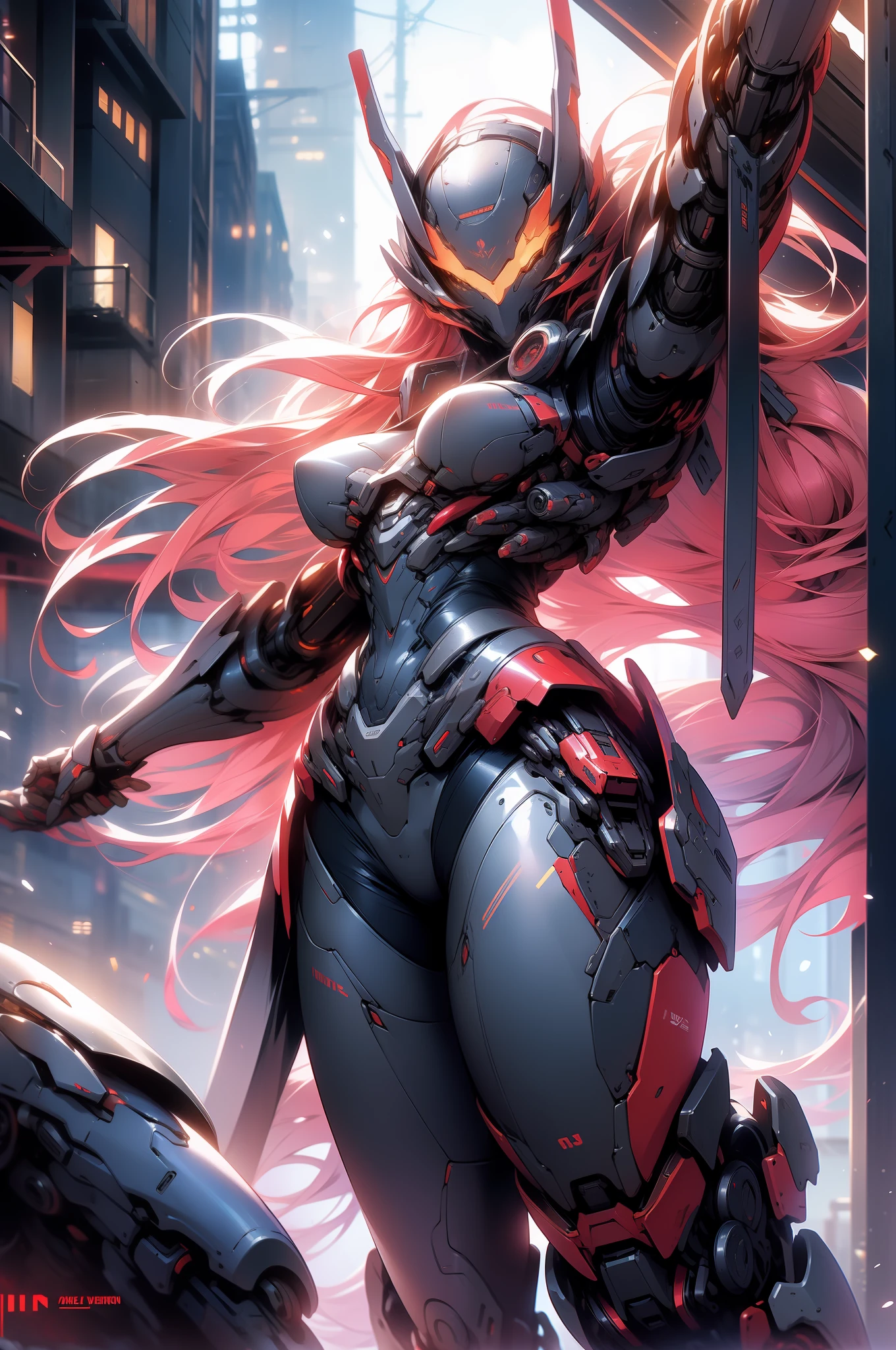 (masterpiece,best quality: 1.2),(ultra-detailed face),(no headgear),Her armor glows red as the neon city lights dance across its mechanical surface. Intricate cybernetics empower her movement with inhuman speed and strength. She strides silently through theLower Sectors, the alleyways bathed in the crimson radiance of her futuristic suit. In her grip is an energized longsword, its edges humming with plasma, ready to dispense justice. She is the guardian that watches over this city, though few know her name. Criminals whisper rumors of the Crimson Knight, a cybernetically enhanced warrior sworn to protect the innocent. They speak of her inhuman reflexes and her blazing sword that cuts through any defense. How she appears from the shadows, a blur of red bringing swift judgment. Tonight her sensors have detected injustice brewing once more in these lawless streets. As the city sleeps, she alone stands vigilant, a silent sentinel keeping watch. Her cybernetic systems begin to target threats as she prepares to fight for those who cannot defend themselves. The Crimson Knight is ready, and justice will be dealt swiftly tonight.