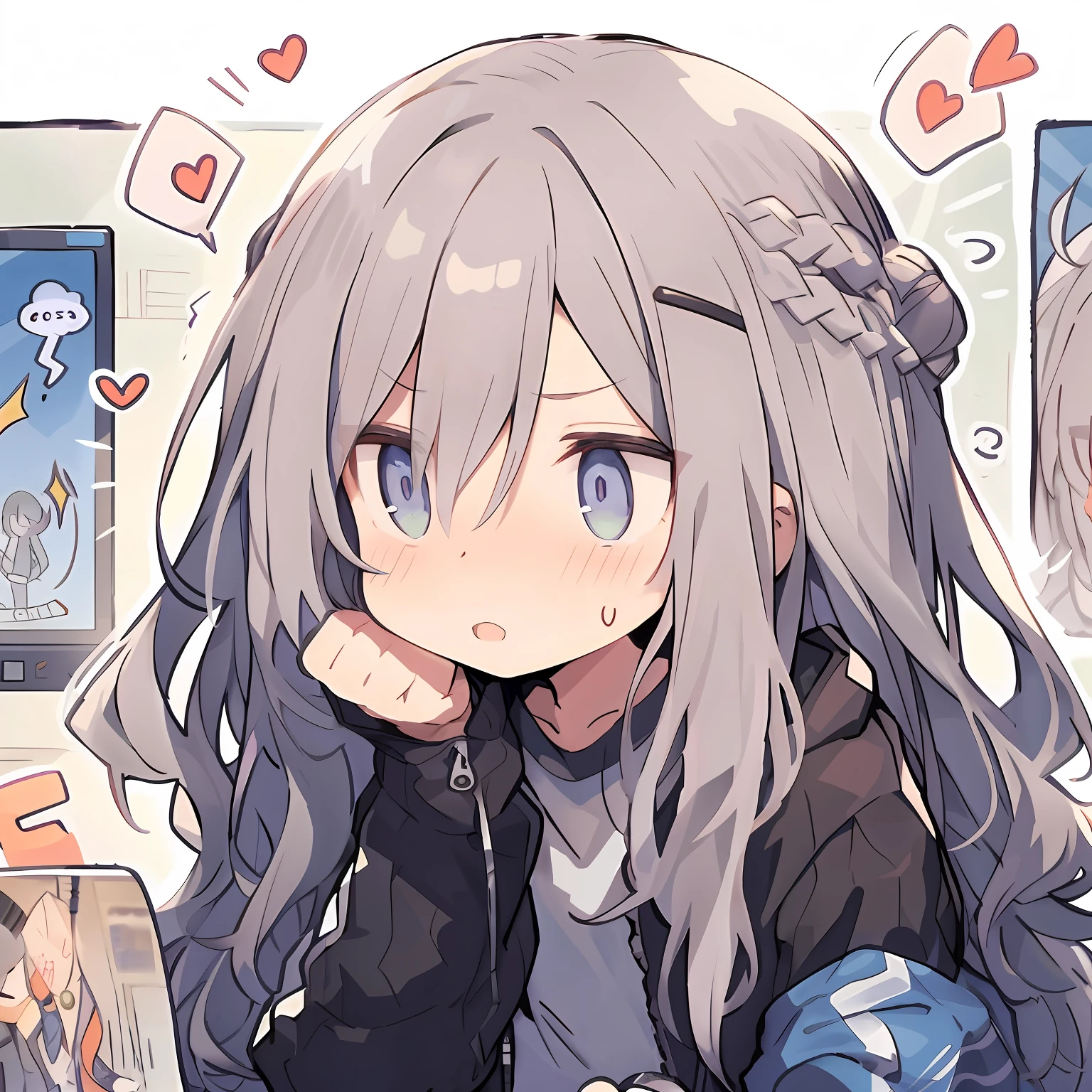 Anime girl sitting in front of computer with long gray hair and blue eyes, Kantai collection style, anime visual of a cute girl, whaite hair, Cute anime girl, anime moe art style, girls frontline style, An anime girl, Silver hair girl, Anime girl with long hair, Cute anime style, anime lover, she has a cute expressive face