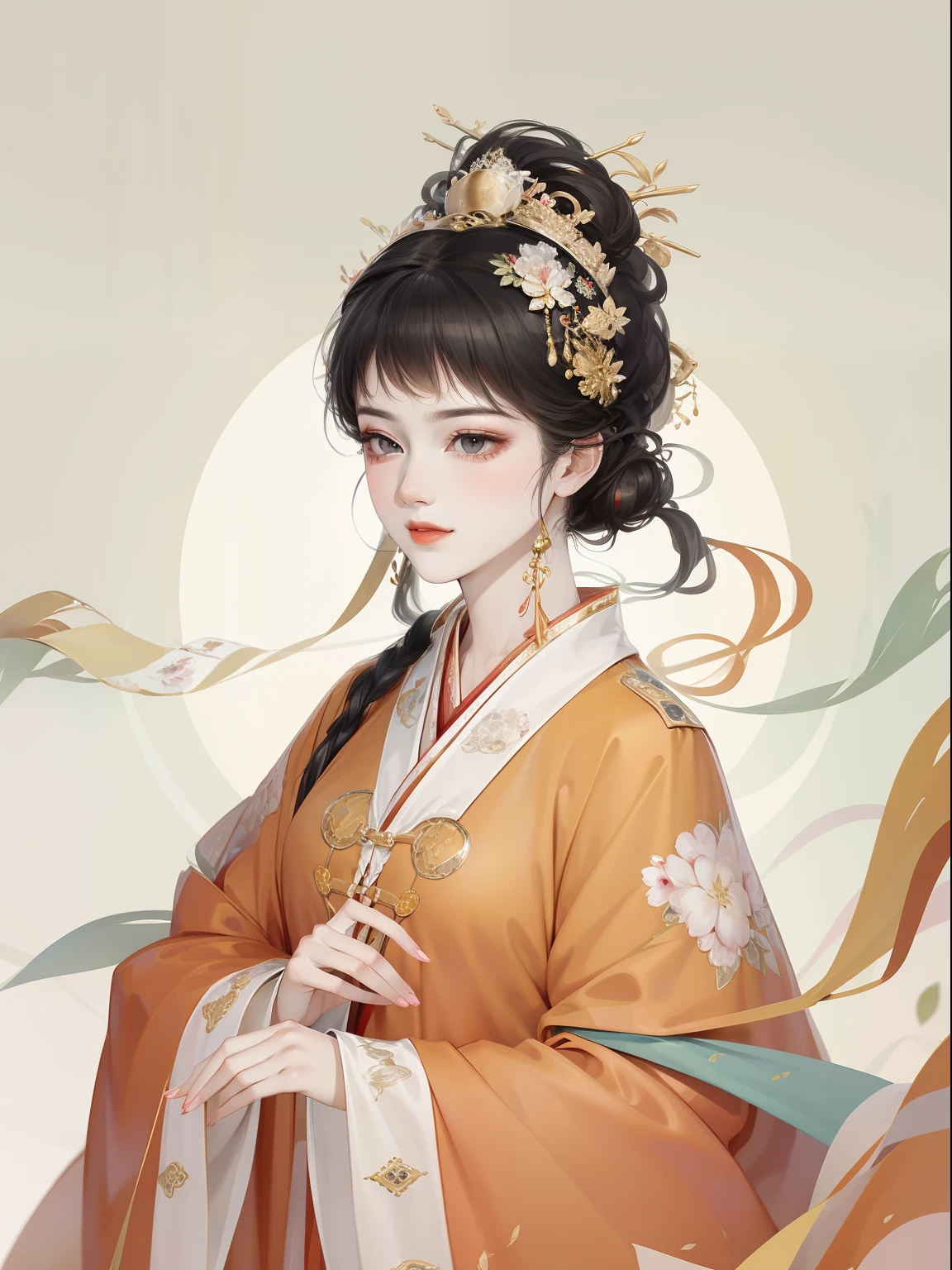 A beautiful girl in ancient China,The facial features are delicate and fair,Cool temperament,Red clothes,Black hair coiled into a bun,Wears a gold coat on his head,Chinese Song Dynasty clothing,Red gold maxi dress,Long black hair, rays of sunshine,Clear face,ultraclear,tmasterpiece,ultra - detailed,high qulity,HighestQuali,The main color is red,Background simple elements,Elegant and noble,Elegant