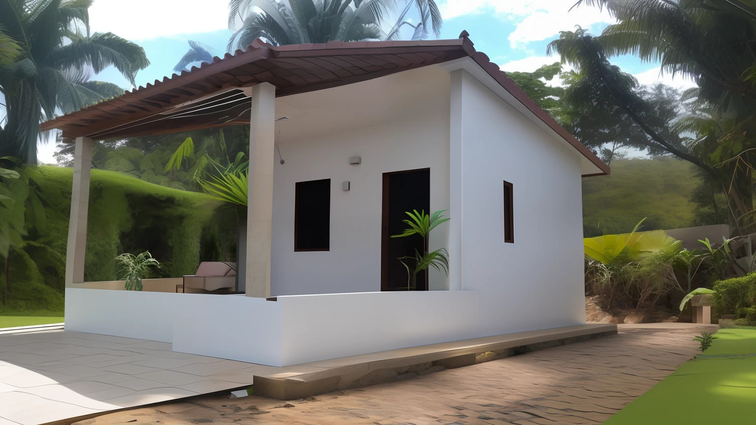 There is a small building with a roof and a window, Frente, Frente cheia, Vista frontal, casa completa, vista frontal, vista lateral frontal, vista externa, lado - vista, vista lateral, Front view, um tiro do meio da frente, front view dramatic, vista exterior, vista de lado, side view, imagem central, Vista lateral superior frontal, no meio da floresta com um rio ao lado.