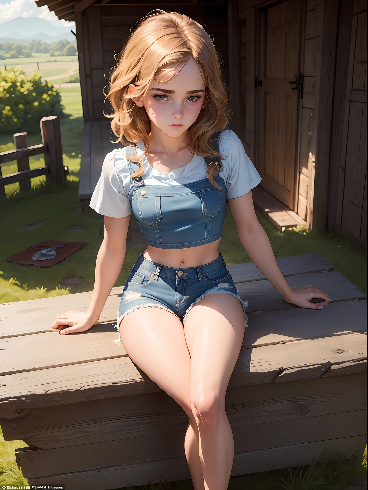 masterpiece. highly detailed. A beautiful Teen Emma Watson as a cowgirl posing in a tight denim shorts, crop top. freckles. pìgtail. She is sitting on a fence outside a barn. sparkly hair. shiny skin. oiled legs.