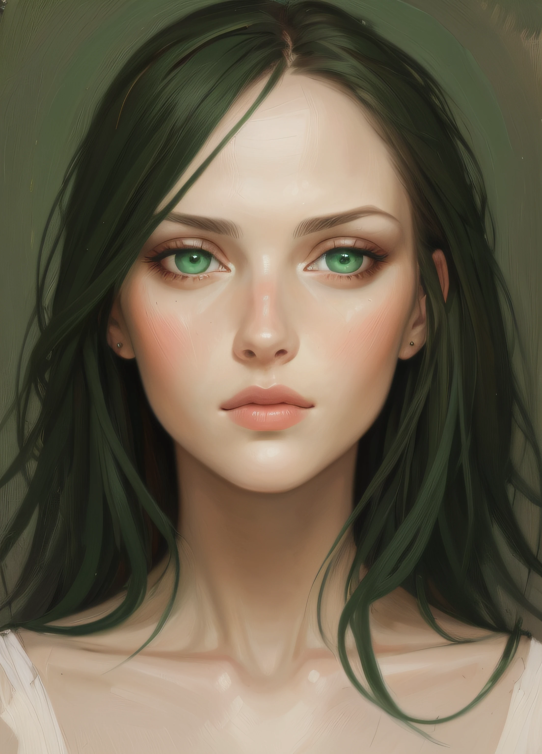 1girl, portrait, oil painting, modern, realistic proportions, dark green eyes, beautiful face, symmetrical face, symmetrical eyes, dynamic pose, intricate, intricate details, sharp focus