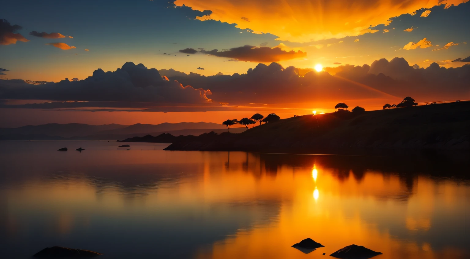 enquadramento amplo de um horizonte sereno, where the rising sun paints the sky with golden and orange tones