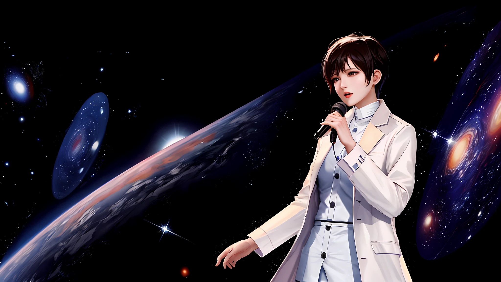 A woman in a white coat sings into a microphone, Li Yuchun，The background is galaxies in the universe