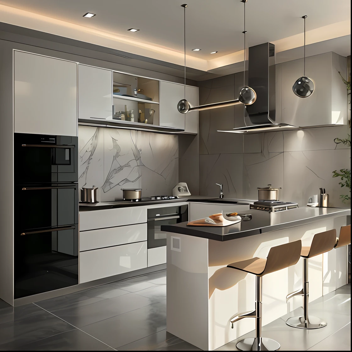 Kitchen , modern style , stainless steel , day light , luxury , minimalism design , hd 8k , details , light warm-up, sharpen details 8k, fullcolor