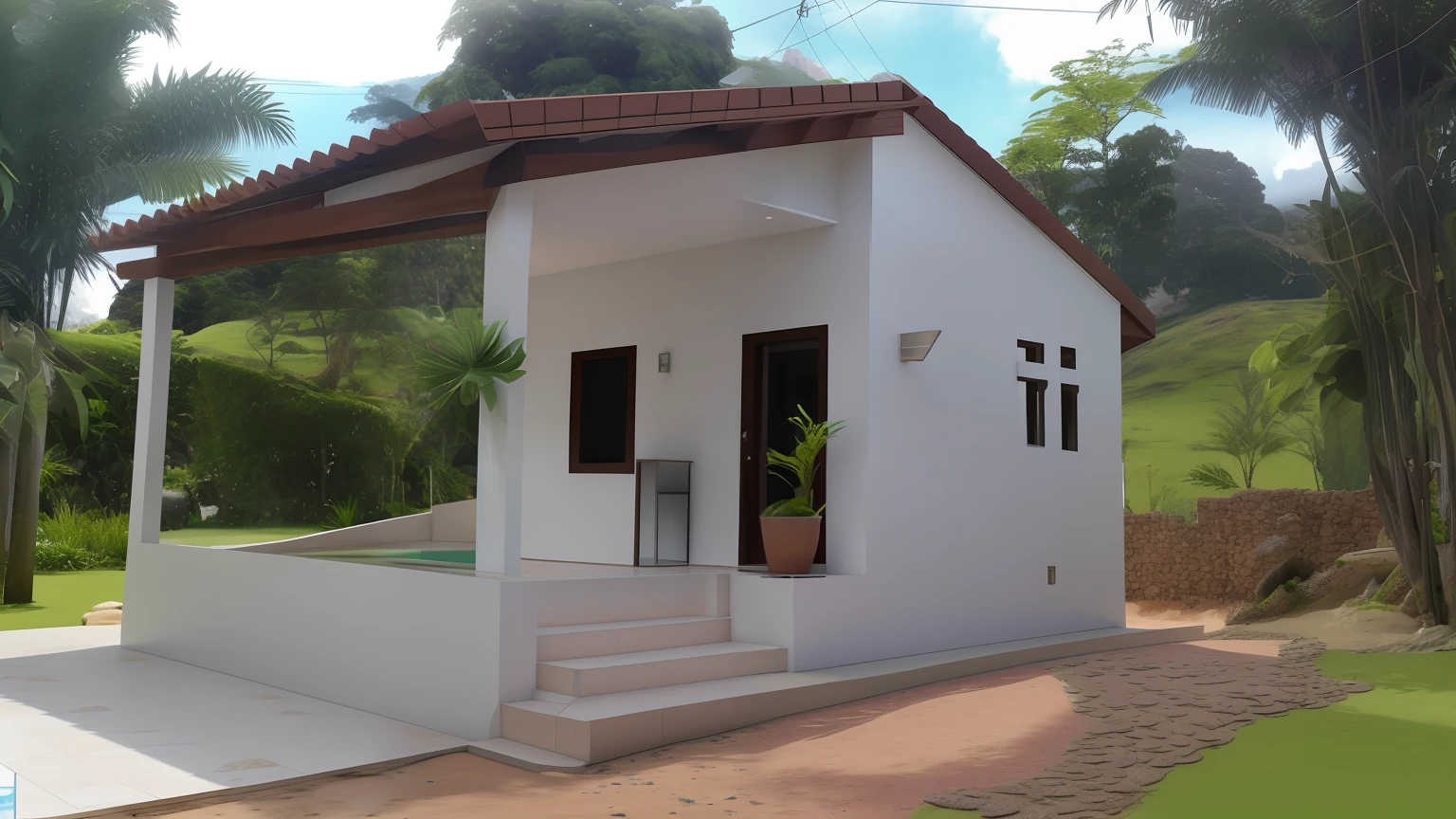 There is a small building with a roof and a window, Frente, Frente cheia, Vista frontal, casa completa, vista frontal, vista lateral frontal, vista externa, lado - vista, vista lateral, Front view, um tiro do meio da frente, front view dramatic, vista exterior, vista de lado, side view, imagem central, Vista lateral superior frontal, no meio da floresta com um rio ao lado.