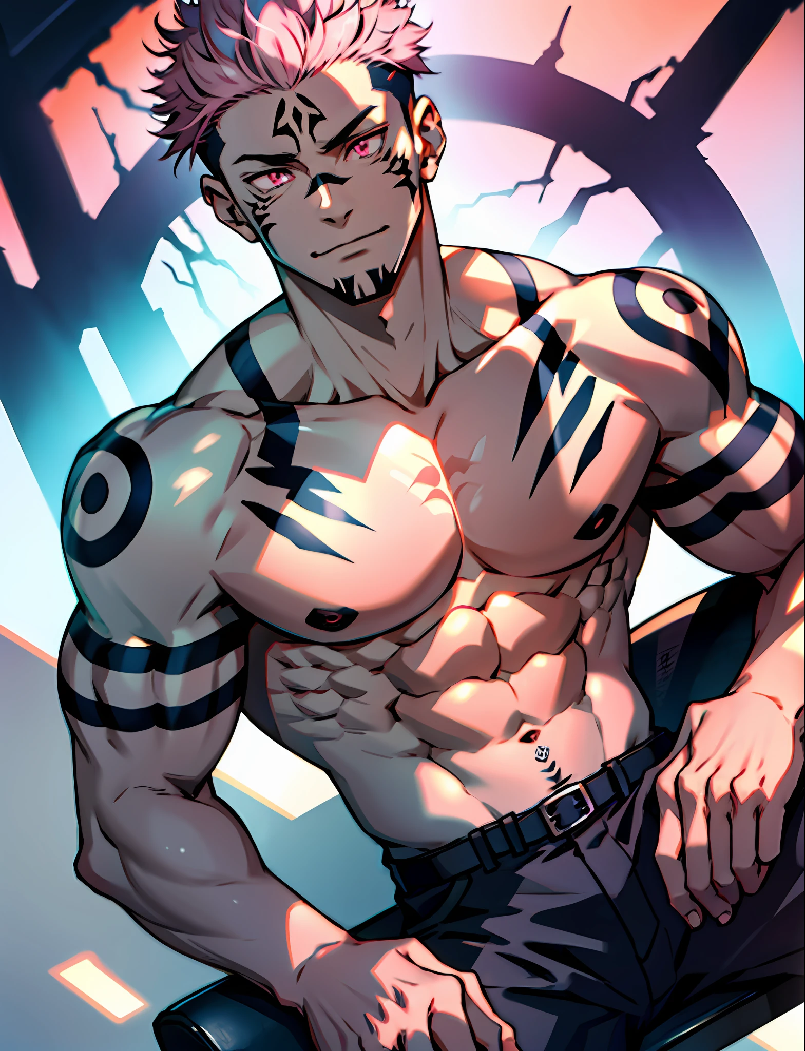 best qualtiy， tmasterpiece， face expressionless， 超高分辨率， detailedbackground， 独奏， muscles male， short detailed hair， Sat down， sofe， Real shadows and light， depth of fields， Sukuna is a pink-haired and shirtless man， tattoo_ryoumen， tattoo_on_his_face， Eye focus， Masculinity， mature，Pink eyes，