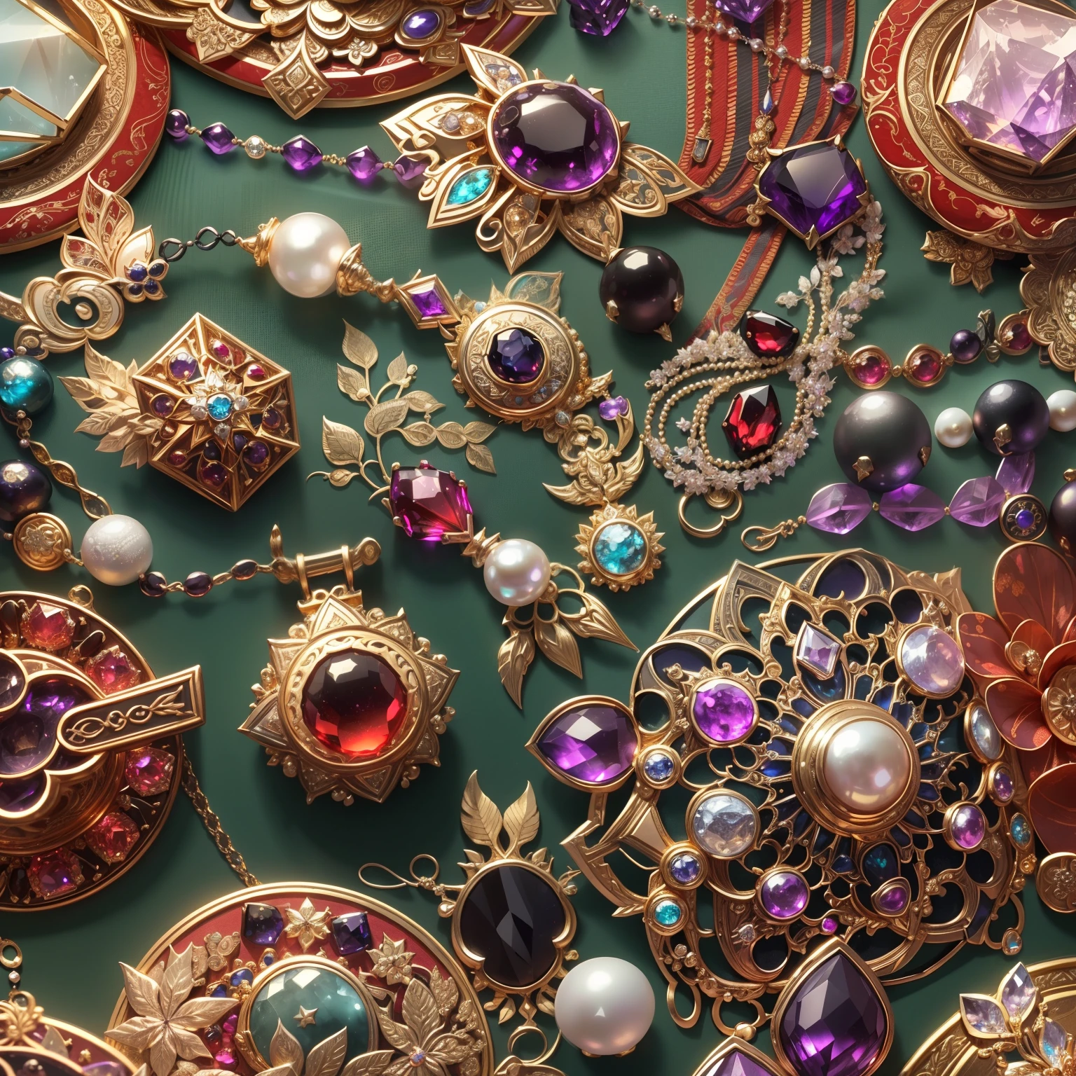 (Chinese style:1.2),(Full Focus:2),(Everything is laid out in a display case:1.3),(Silk products|medal|ore|obsidian|pearls|hisui|white jade|amethyst|sapphires|Gold products|Silver products|Purple gold|Magical jewelry|antiquarian|Red Jewel|Diamond|topaz|:2),Magic symbols,Magic light particle effect,High-tech luxury, High-value jewelry,,High-value metals,luxury goods,Puzzles are prohibited, Detailed and complex background, glittery, reflective light, hyper HD, Award-Awarded, A high resolution, High detail, Chiaroscuro, Cinematic lighting, Masterpiece, Ray traching,structurally correct, Super detail, High quality, High details, Best quality, 16k
