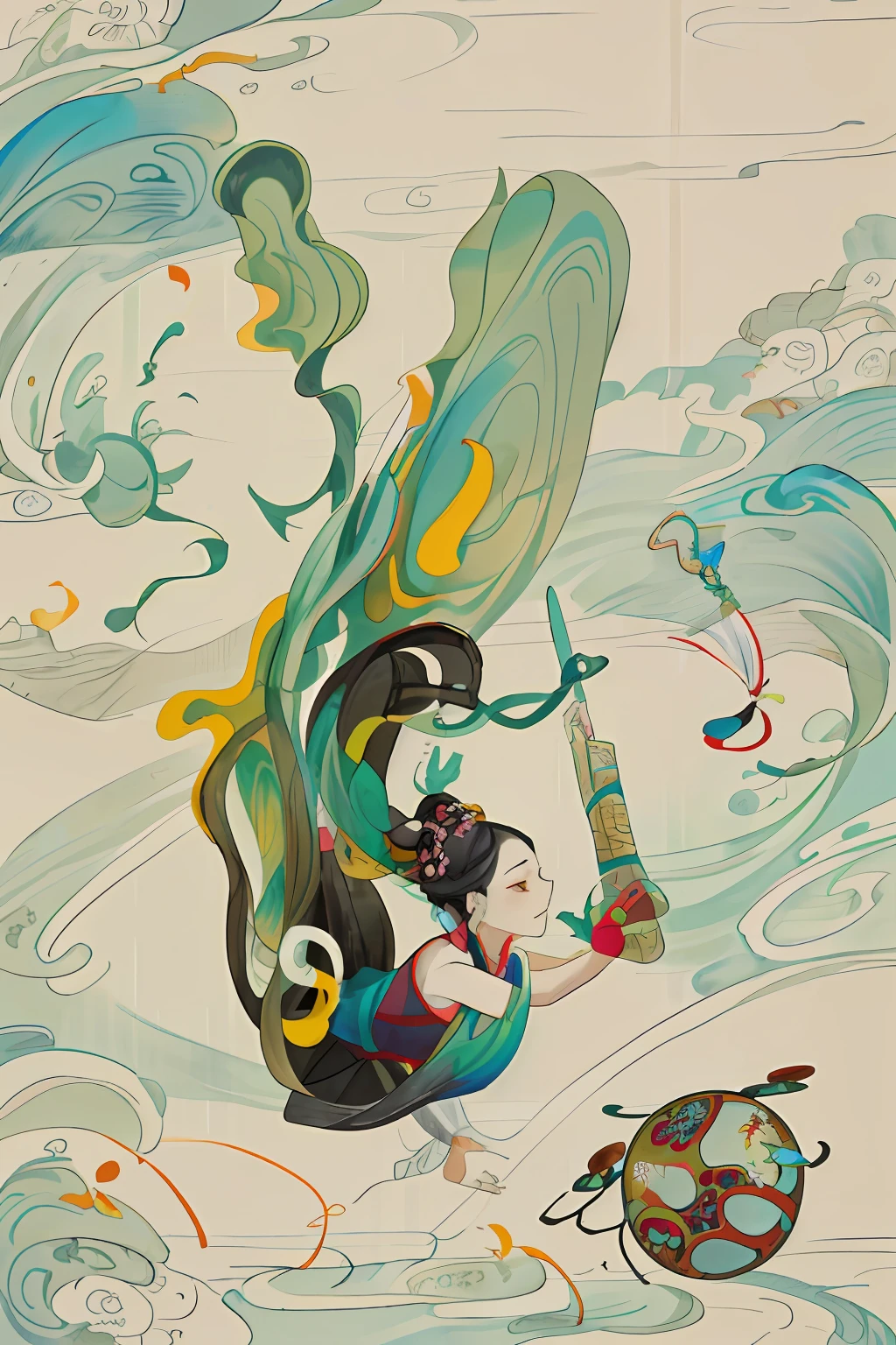 An ancient Chinese beauty, dancing, gorgeous costumes embroidered with complex embroidery, transparent long colored streamers tied on her arms, elegant, exposed belly button, bare shoulders, exposed neck, wreath, black hair bun and flower hairpin headband, Armbands are tied with ribbons, bracelets, anklets, metal chain tassels around the waist, Mogao Grottoes art, inspiration from Dunhuang Flying Apsaras murals, ink wash, cgstation pop --v 6