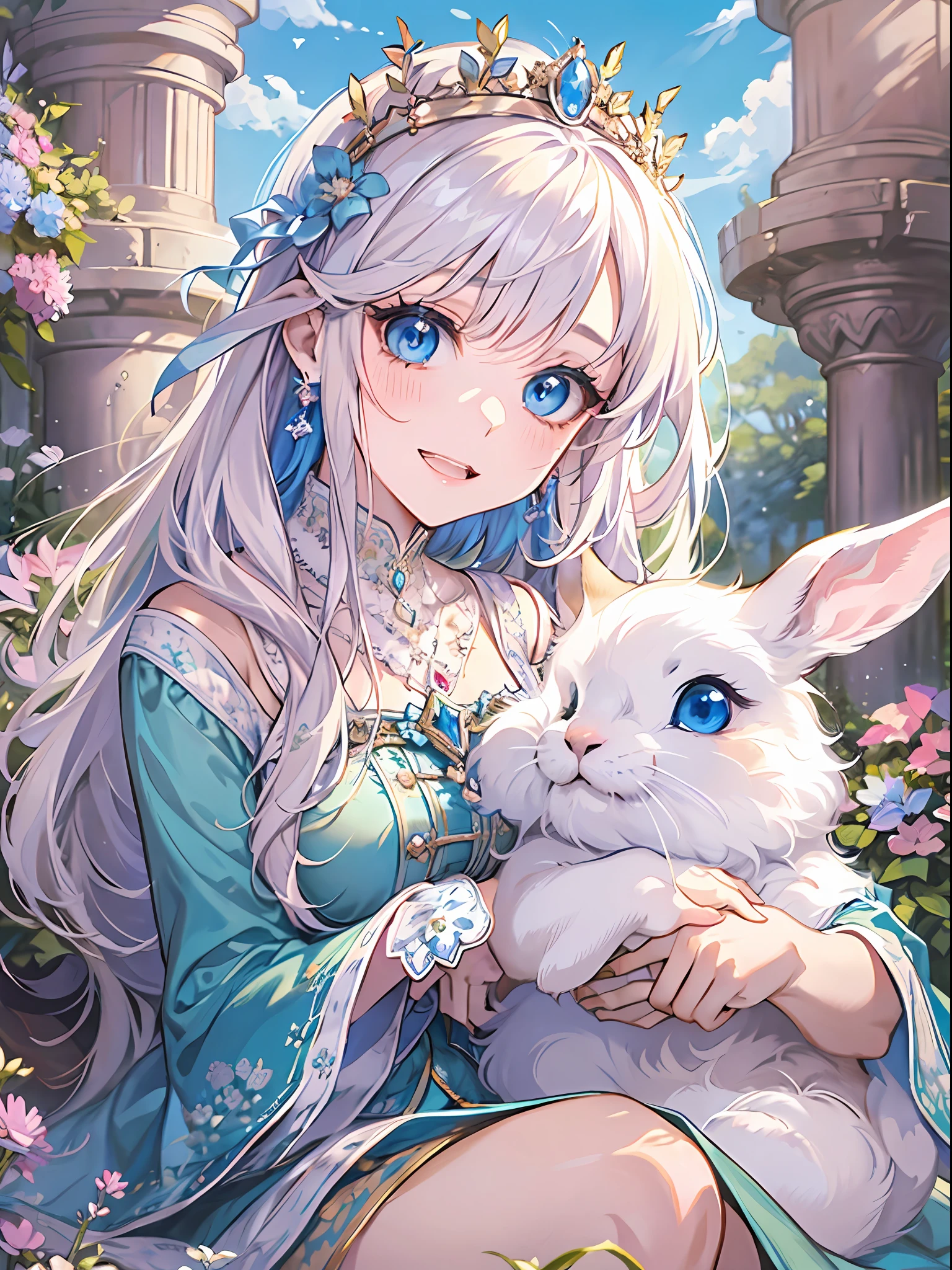 (Best Quality, Masterpiece, High Resolution), 1female, (white medium hair, have pony, wearing medieval blue dress, 20 years old, blue eyes, wearing tiara, crown princess), 1animal, bunny laying on princess lap (A bunny, white fluffy fur, wearing tiara with blue stone, blue eyes, 2 ears, happy little bunny), stunning, cute, heartwarming smile, beautiful aster flower garden, gazebo, castle, mesmerizing sunlight, good proportion, detailed face, detailed accessories, symmetry, good ratio little rabbit, novel cover, close up