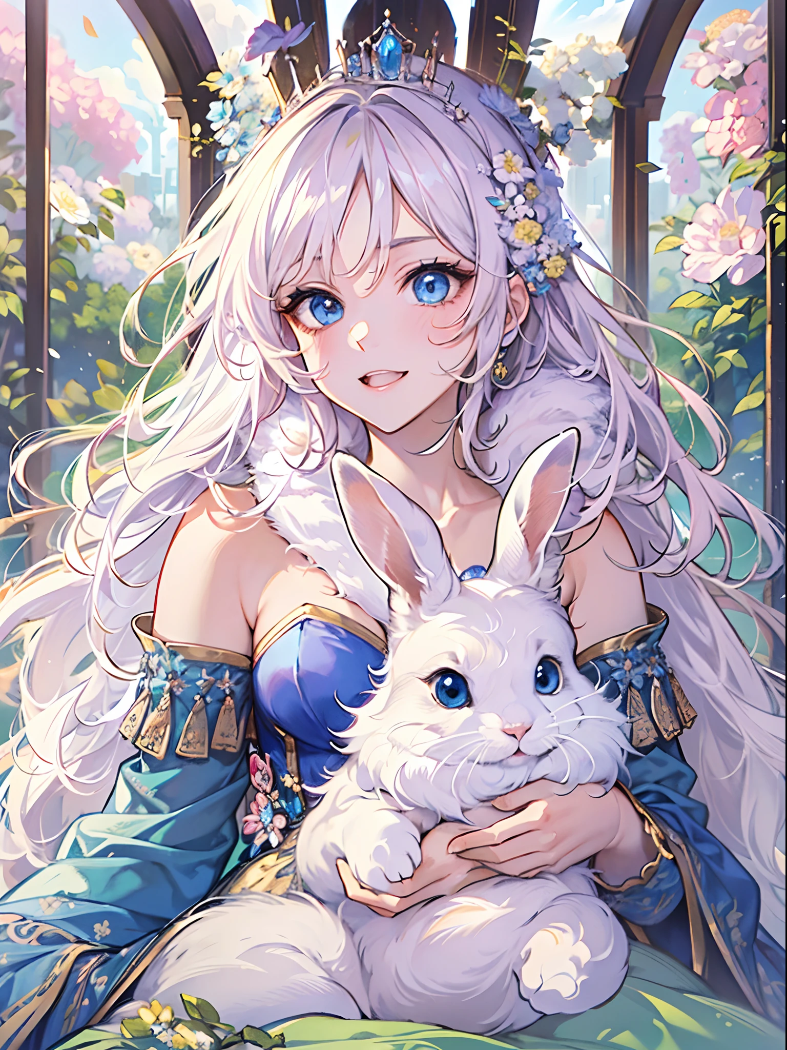 (Best Quality, Masterpiece, High Resolution), 1female, (white medium hair, have pony, wearing medieval blue dress, 20 years old, blue eyes, wearing tiara, crown princess), 1animal, bunny laying on princess lap (A bunny, white fluffy fur, wearing tiara with blue stone, blue eyes, 2 ears, happy little bunny), stunning, cute, heartwarming smile, beautiful aster flower garden, gazebo, castle, mesmerizing sunlight, good proportion, detailed face, detailed accessories, symmetry, good ratio little rabbit, novel cover, close up