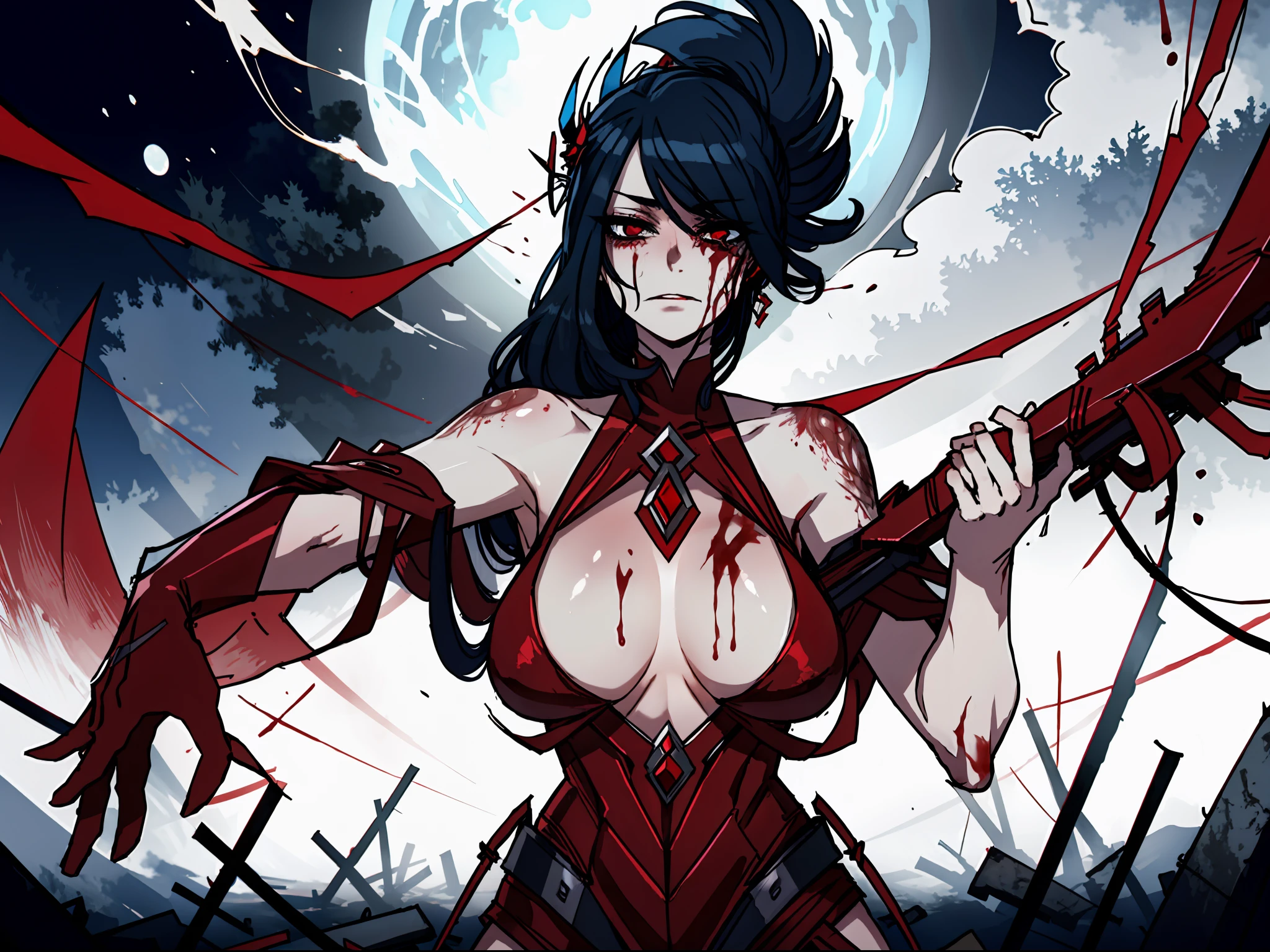 "High-quality artwork (quality: 1.2), dark and unsettling atmosphere, Morvaya, the Herald of Carnage, depicted elegantly in a sinister yet seductive manner. Her figure is slim and graceful, clad in blood-soaked garments that flow ominously. Skin as pale as the moon, adorned with bleeding ritual tattoos that weave intricate crimson patterns. Her eyes are intense and ancient, exuding a thirst for power and knowledge. Surround her with an aura of eerie whispers and secrets, invoking a sense of dread and fascination.

Bring out the contrast between her alluring presence and the gruesome essence she embodies. Create an ethereal yet macabre atmosphere, with a blend of dark and vivid colors that reflect the intertwining themes of seduction and terror. Capture her ability to manipulate blood, portraying it as a deadly weapon with a touch of the supernatural.

Illustrate the enigmatic balance between her elegance and the horror she represents. Convey the sense of an otherworldly entity steeped in blood-soaked rituals and disturbing ceremonies. The final artwork should evoke a feeling of both allure and repulsion, a captivating embodiment of the carnage she personifies. This artwork should stand out on platforms like ArtStation, blending horror and dark allure, captivating viewers with its twisted romanticism."