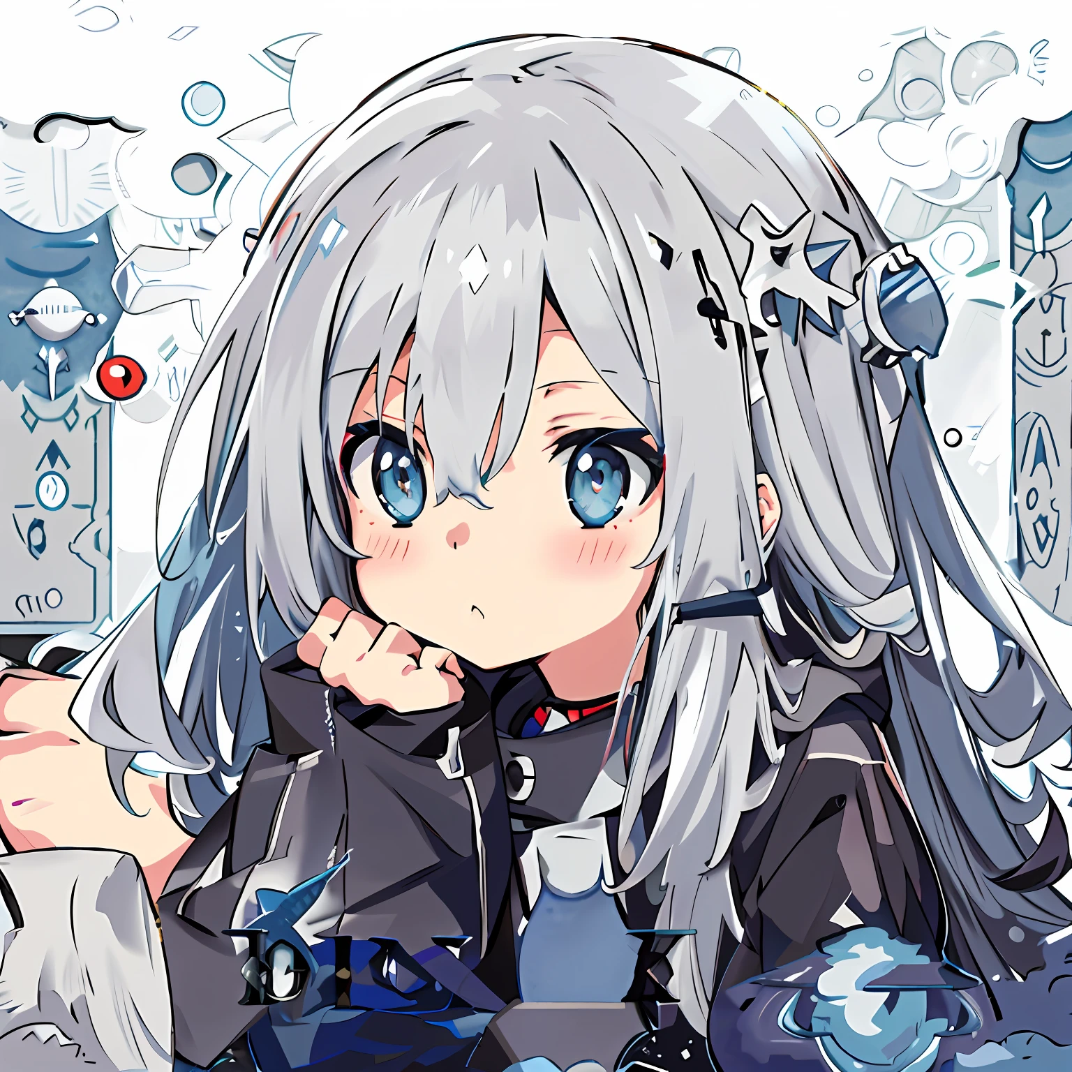 Anime girl sitting in front of computer with long gray hair and blue eyes, Kantai collection style, whaite hair, Cute anime girl, anime moe art style, girls frontline style, nyaruko-san, Silver hair girl, An anime girl, small curvaceous , anime lover, (Anime girl), anime visual of a cute girl
