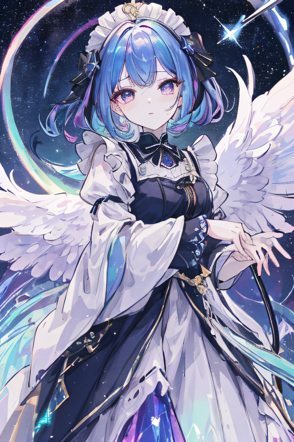 (The highest image quality)、(The work of the master)、(Detailed eye description)、(8k wallpaper)(Description of the tail face)、colourfull、1girl、maid clothes、A half body、The upper part of the body、Iridescent and iridescent eyes、Float and rainbow hair、Iridescent and iridescent dresses、Starry sky background in the night sky、