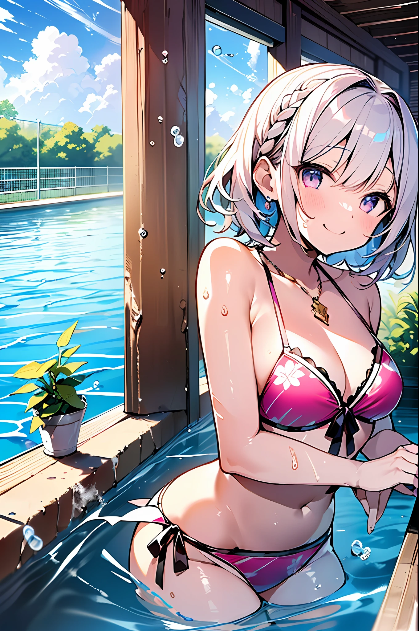 (Incredibly ridiculous absolute resolution:1.5)、hiquality、top-quality、masuter piece、Anime girl in pink and white bikini, 魅惑的、Anime Loli, 8k Manga Wallpapers, Smile、Shy laughter、((small curvy loli))、large full breasts、pretty anime girl,((swimming pools))、(Medium Shorthair)、(short braided hair)