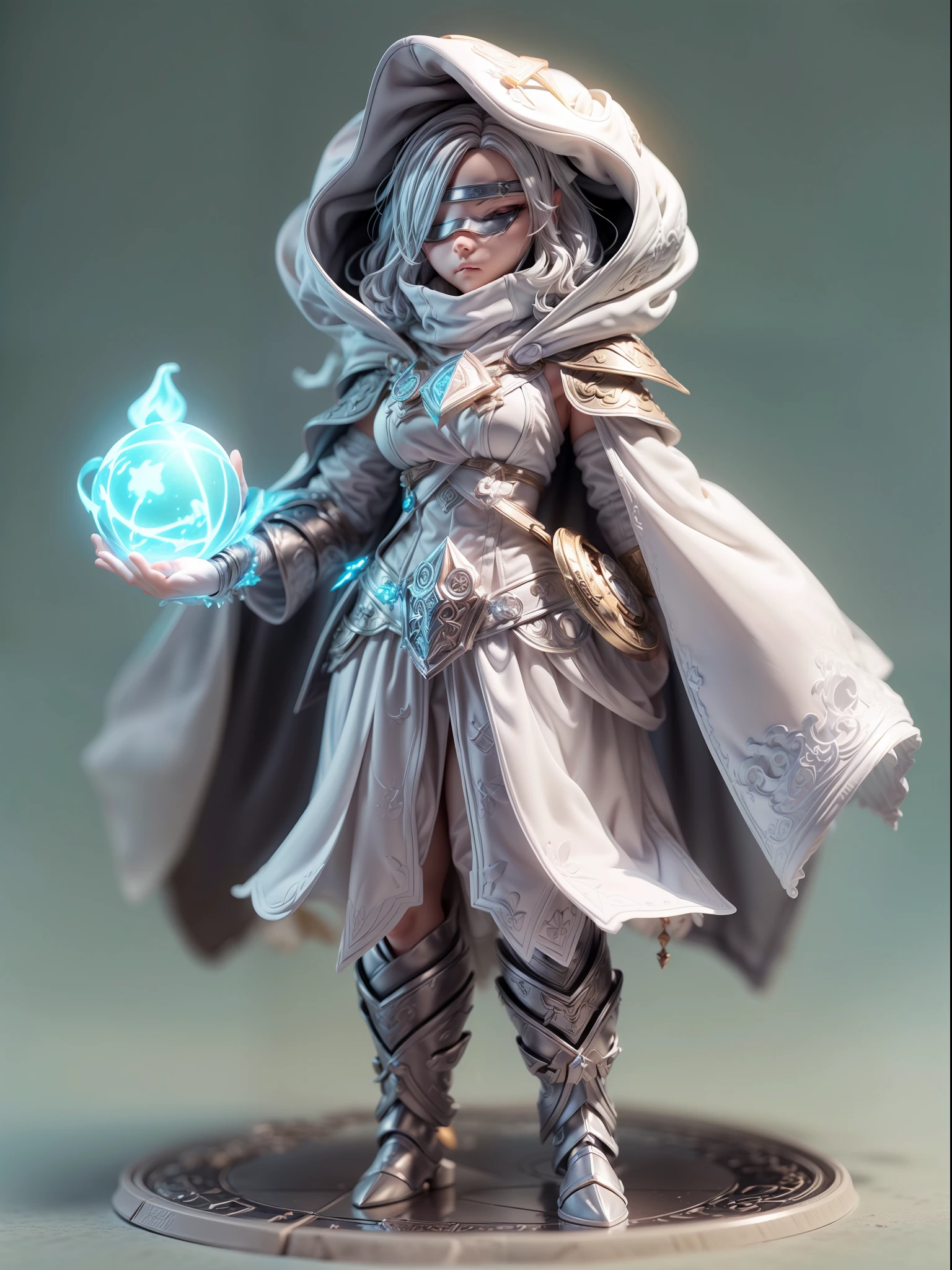 (Blind box toy style:1.3),((Full body shot)) , (1 female mage)(((solo))) cloth armor,Cloth hood,(Clay Style:1.3), dreamy glow, Clean background,white and silver style,(circular base)( Global illumination, Ray tracing, hdr, unreal render,reasonable design, high detail, Masterpiece, Best quality, hyper HD, Cinematic lighting)