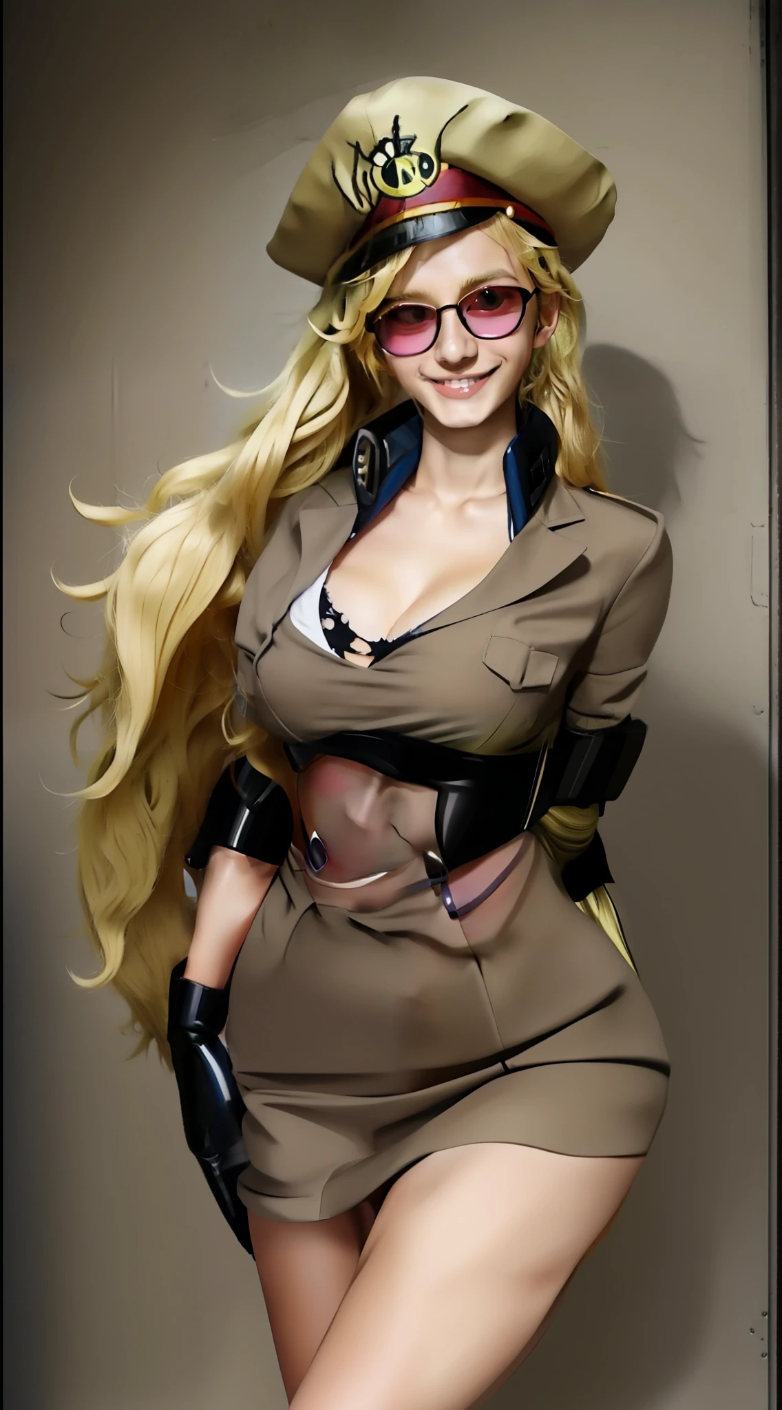 domino from anime one piece, blonde hair, long hair, wearing uniform, wearing hat, wearing glasses, perfect body standing, looking at the audience, smiling expression,