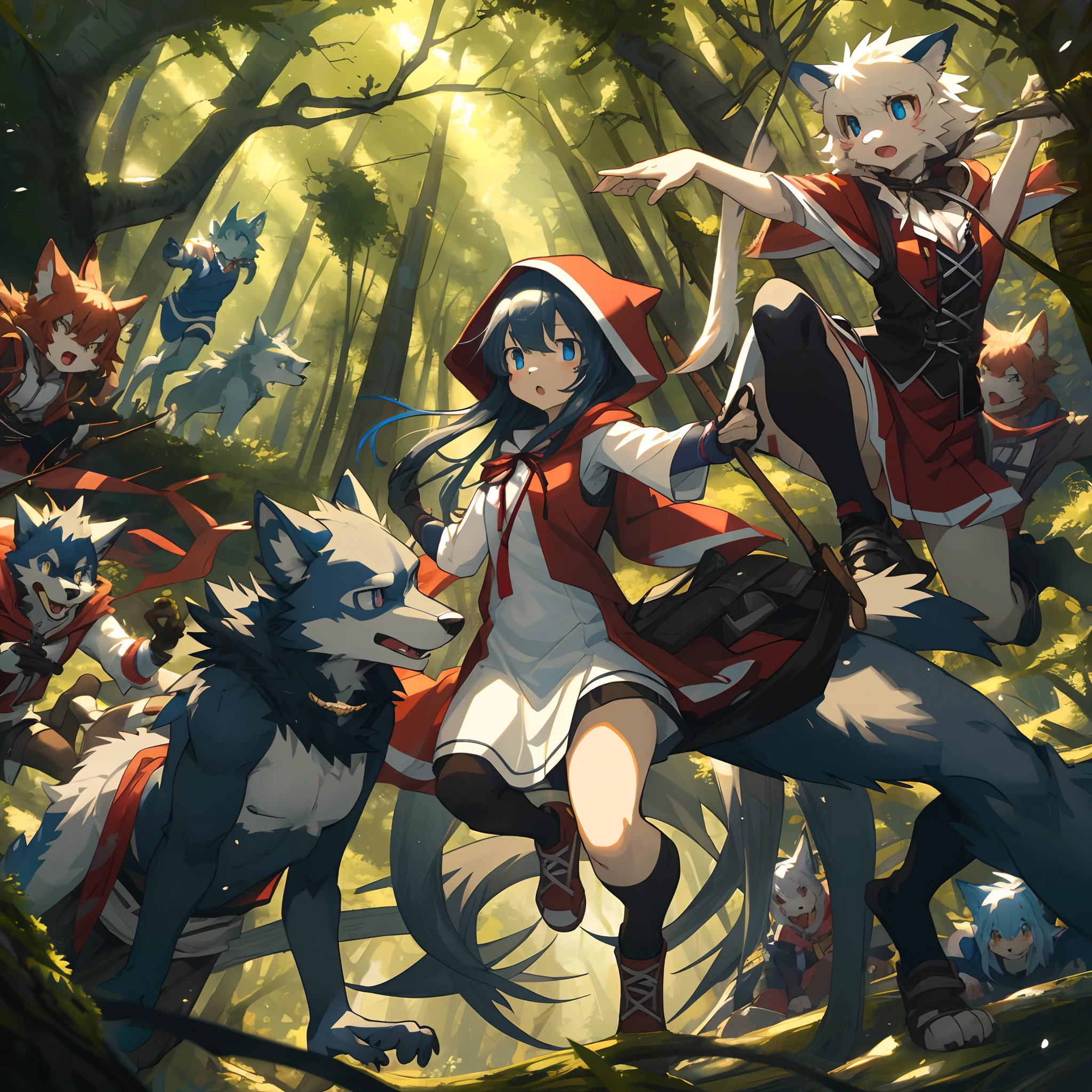 top quality, best quality, High-quality illustrations, masterpiece, super high resolution, detailed background, Little Red Riding Hood, forest, A wolf chases a girl, 6+boys, 6+girls, absurdres(highly detailed beautiful face and eyes)perfect anatomy, expression, good lighting, cinematic shadow(kemono, furry anthro)assorted poses, dynamic angle,