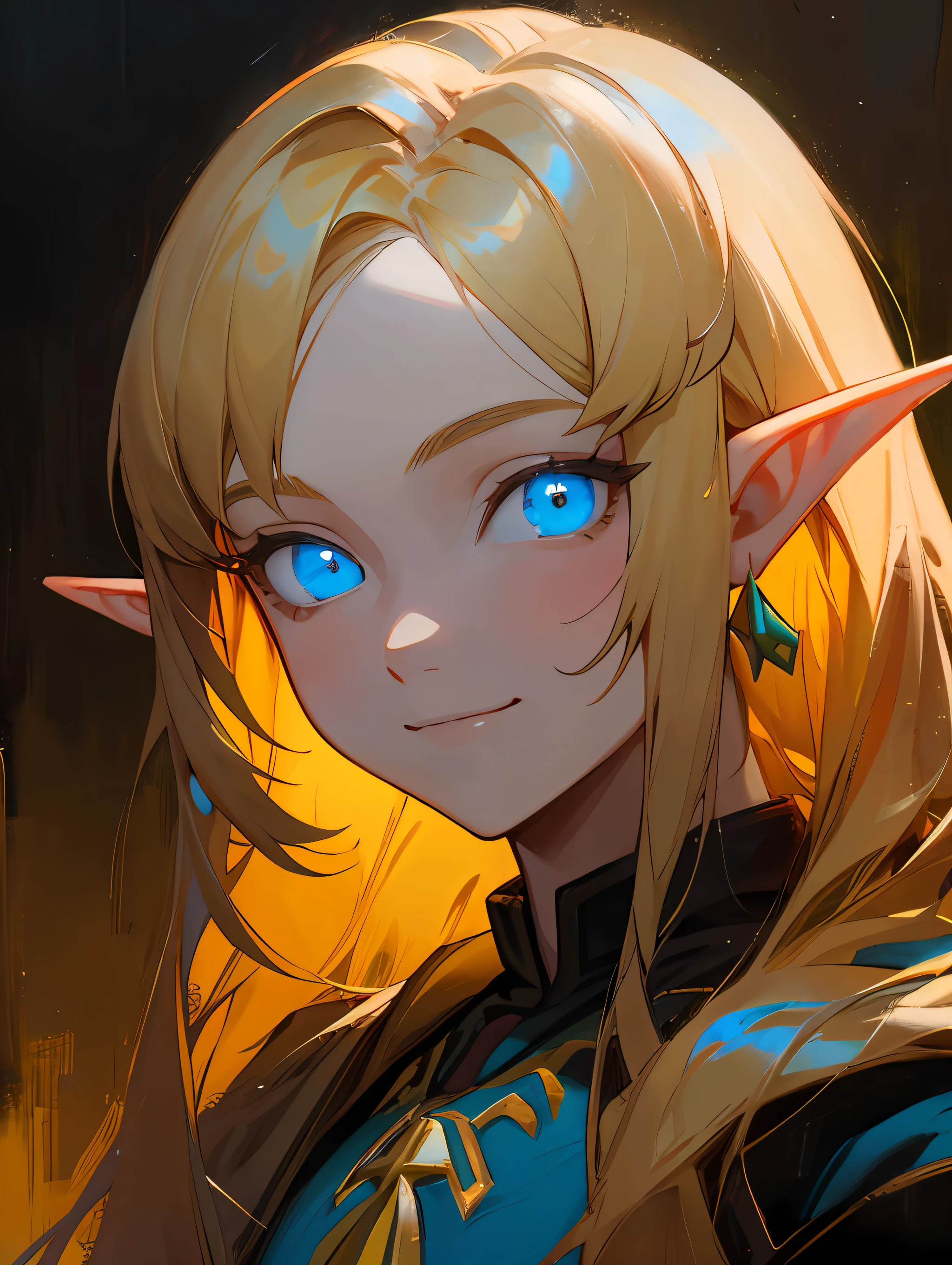 Single portrait, young man, smile, impression, (oil painting), green and orange tones, zelda style, elf ears, blond hair, long hair, (glowing blue eyes)