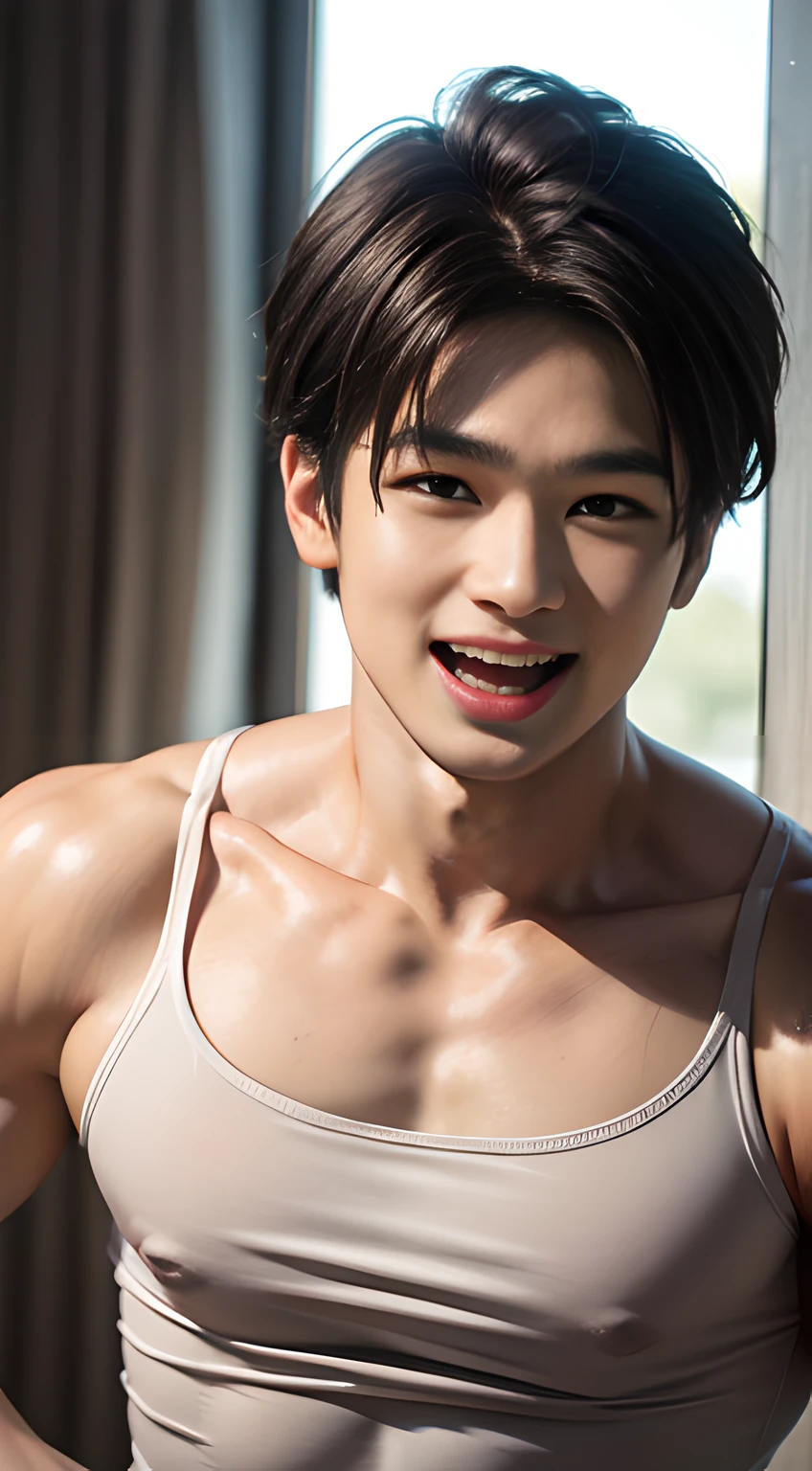 ((Men only)), (head shot), (face only), (handsome muscular man in his 20s), (Lee Min Ho), (Laughing with a big, open mouth), (tank top), (detaile: 1 in 1), Natural muscles, HIG quality, beautidful eyes, (Detailed face and eyes), (Face、: 1 / 2), Noise, Real Photographics、... ................................................................................................................PSD, Sharp Focus, High resolution 8K, realisitic & Professional Photography, 8K UHD, Soft lighting, High quality, Film grain, FujifilmXT3