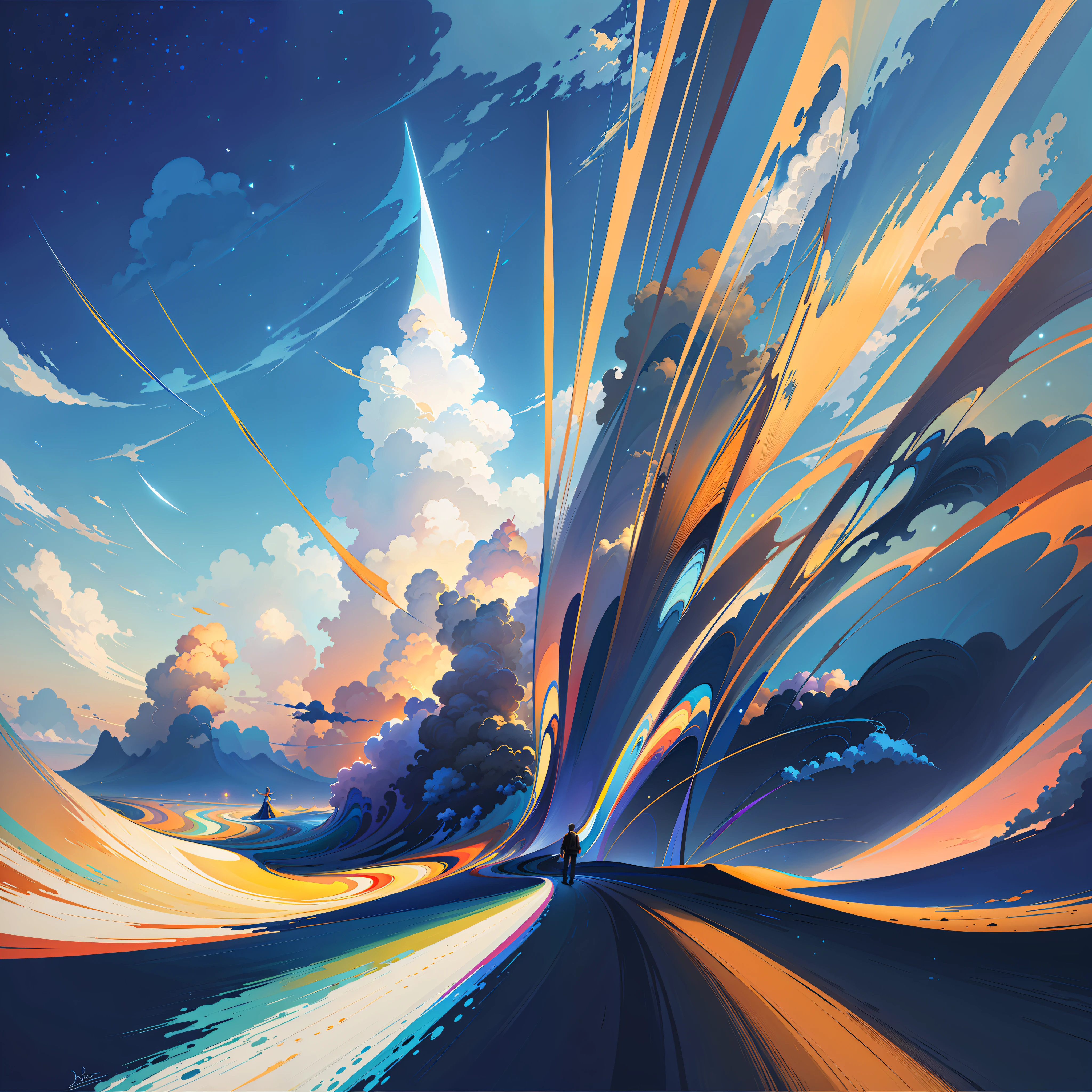 Painting of a person walking on the road in sky background, Inspired by RHADS, rhads and lois van baarle, concept-art | RHADS, author:RHADS, Inspired by Cyril Rolando, RHADS!!!, artwork about a road to freedom, RHADS!, Makoto Shinkai Cyril Rolando, android jones and rhads