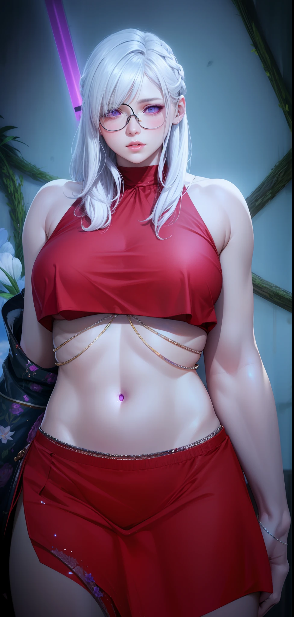 realistic, 1girl, white hair, purple eyes, glowing eyes, crop top, skirt, parted lips, blush, night, flowers, sun, sunlight,