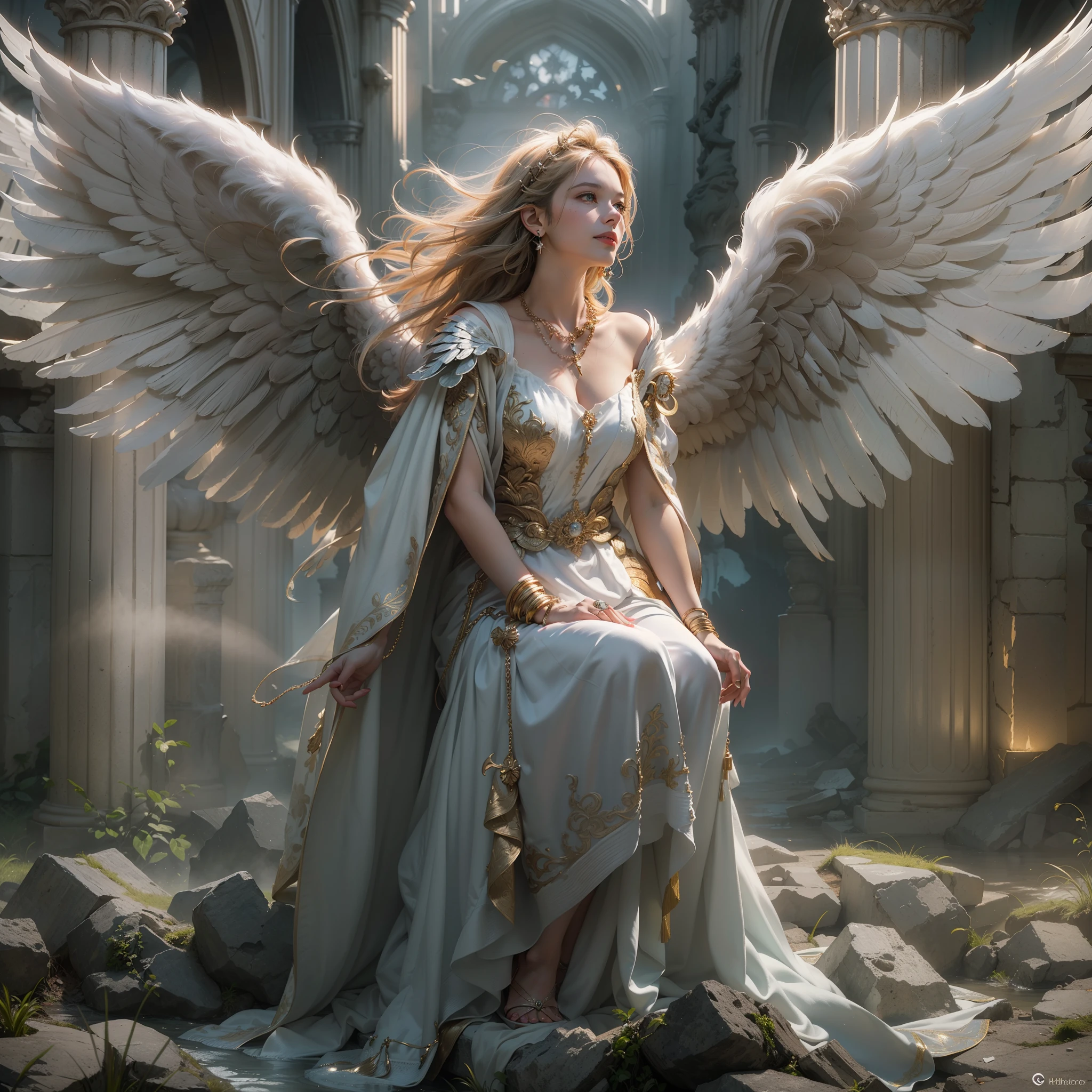 (Numerous award-winning masterpieces, with incredible detail, textures and maximum detail), ((full-body standing image)), (hyper realistic:1.4), (realistic:1.3), (upper body up:0.3), (best quality real texture skin), (finely detailed true circle Symmetrical eyes), (finely drawn beautiful face,) (ring of divine brilliance above the head:1.5), ((medieval world)), ((((black angel of the Lord, white angel of the Lord)))), ((Full-length portrait)), (Beautiful kind eyes), (She has a mischievous smile on her face), (Beautifully colored eyes filled with compassion), Shining majestic cloud masses and sky, (halo optical phenomenon), (Angels dancing in the background), (Dramatic Light), (majestic sight), (Her expression is serene full of tenderness and very beautiful), ((Large wings with pure white feathers behind the shoulders)), (((Folded wings))), Glass earrings on the ears, (((dramatic photo))), (twilight), (sunset), (dusk), (Sacred Pose), (golden hair), (silver hair), (chestnut hair), Short cut hair, ((looks up)), ((looking down)), ((gives full-body standing image)), (Around her neck is a simple necklace of exquisite workmanship), Old ruins infested with plants, great temple, great cathedral, temple ruins, detached temple, (Luminous magic circle), Ruins of an ancient castle, Deserted ruins, crumbling ruins, Ancient ruins with clear water, wavelets, running water, Sacred Light, epic realistic, ((neutral colors)), (hdr:1.5), (muted colors:1.2), hyper detailed, cinematic, warm lights, dramatic light, (intricate details:1.1), complex background,
