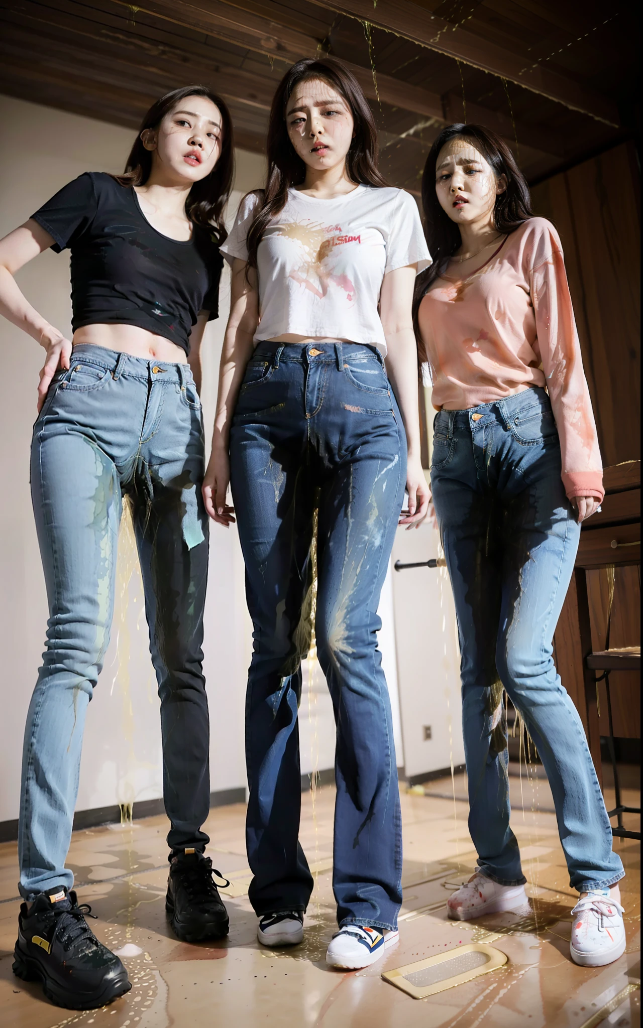 masterpiece, best quality, high resolution, (3girls), 20 years old, (blue jeans pants), full body, blush, worried, park, (((((((pee stain)))))))