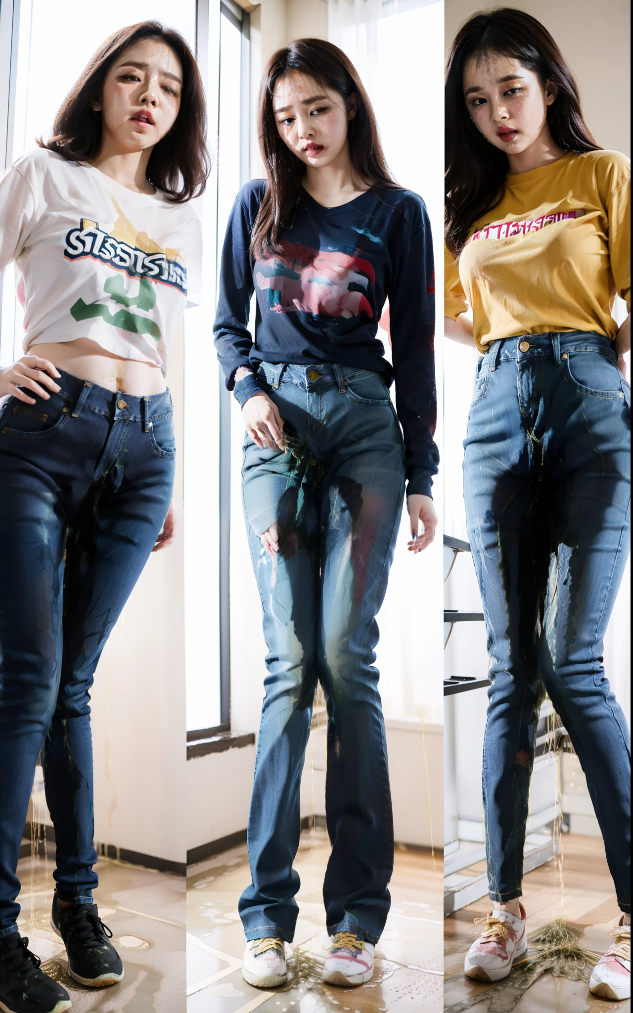 masterpiece, best quality, high resolution, (3girls), 20 years old, (blue jeans pants), full body, blush, worried, park, (((((((pee stain)))))))