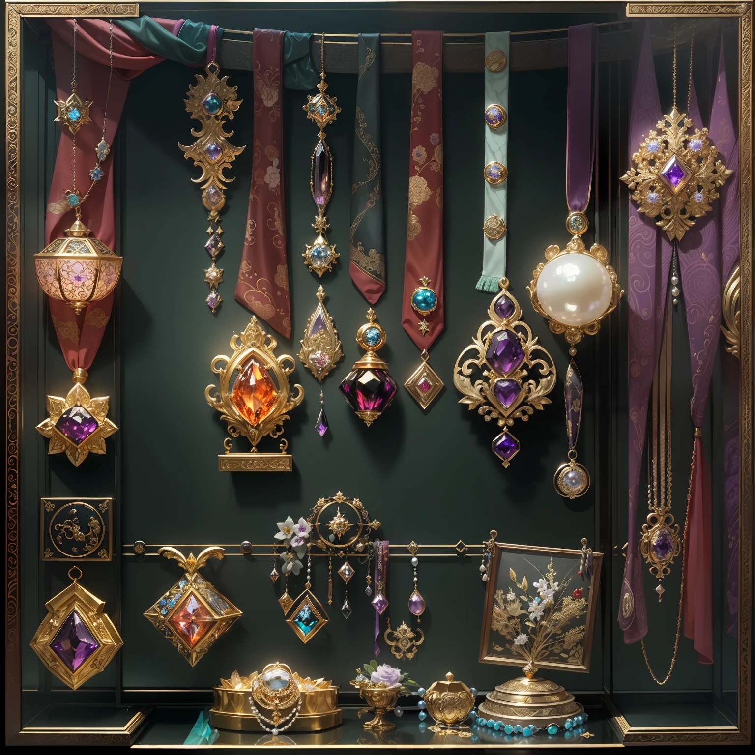 (Japanese style:1.2),(Full Focus:2),(Everything is laid out in a display case:1.3),(Silk products|medal|ore|obsidian|pearls|hisui|white jade|amethyst|sapphires|Gold products|Silver products|Purple gold|Magical jewelry|antiquarian|Red Jewel|Diamond|topaz|:2),Magic symbols,Magic light particle effect,High-tech luxury, High-value jewelry,,High-value metals,luxury goods,Puzzles are prohibited, Detailed and complex background, glittery, reflective light, hyper HD, Award-Awarded, A high resolution, High detail, Chiaroscuro, Cinematic lighting, Masterpiece, Ray traching,structurally correct, Super detail, High quality, High details, Best quality, 16k