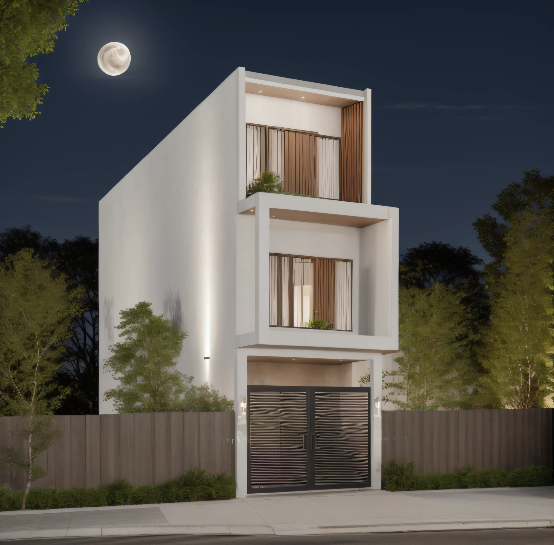 RAW photo,Masterpiece, high quality, best quality, authentic, super detail, exterior, townhouse, modern style, (lines:1.2),(white wall:1.1), (high detailed :1.2), 8k uhd, dslr, beautiful light, moon lighting, high quality, film grain, Fujifilm XT3,gate , door , glass window, metal fence wall, beautiful landscape , night core
