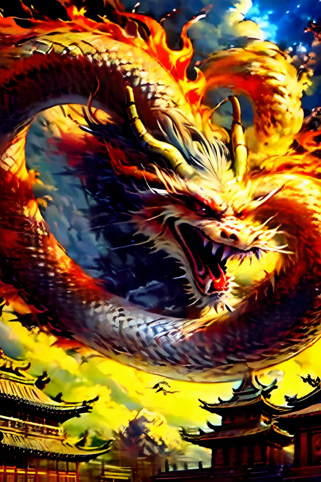 Best quality,masterpiece,ultra high res,nu no humans, (long:1.2),no humans, cloud, architecture, east asian architecture, red eyes, horns, open mouth, sky, fangs, eastern dragon, cloudy sky, teeth, flying, fire, bird, wings