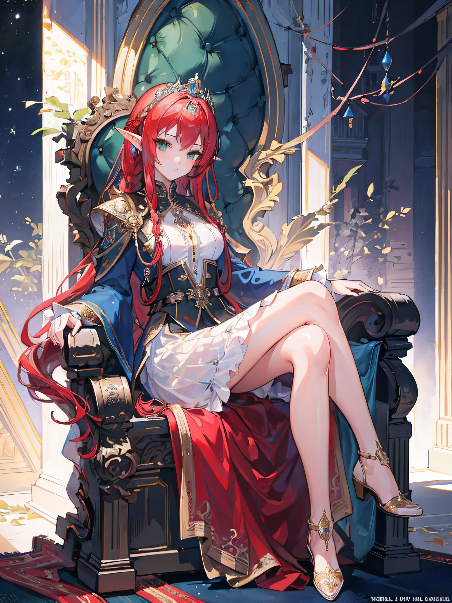 (masterpiece, best quality, extremely detailed CG, beautiful detailed eyes, ultra-detailed, intricate details:1.2), 8k wallpaper, elaborate features,
(1girl, solo:1.4), long braid red hair, looking at viewer, (green eyes), majestic throne, black armor, blue dress, elf girl, tiara