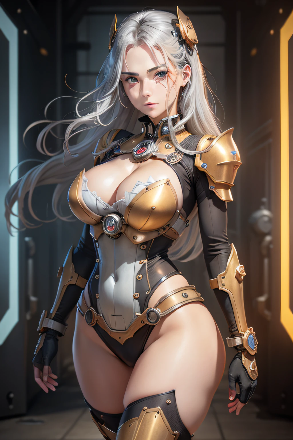 Gray hair, long fluttering hair, strong wind, orange eyes, shining eyes, steampunk girl, big, face, chest and thighs raw, cleavage visible. Photoreal, Portfolio, Fine LED, Golden Metal Mech Suit, Steampunk, Metallic, Fine Decoration, Beautiful Relief, Aggregate of Small Parts, Detailed Mech Parts, Bundle of Thin Tubes, Metal Cylinder, Detailed Neon, Fine LED, Fine Parts, Gears, Meters, Pressure Gauges, Steam
