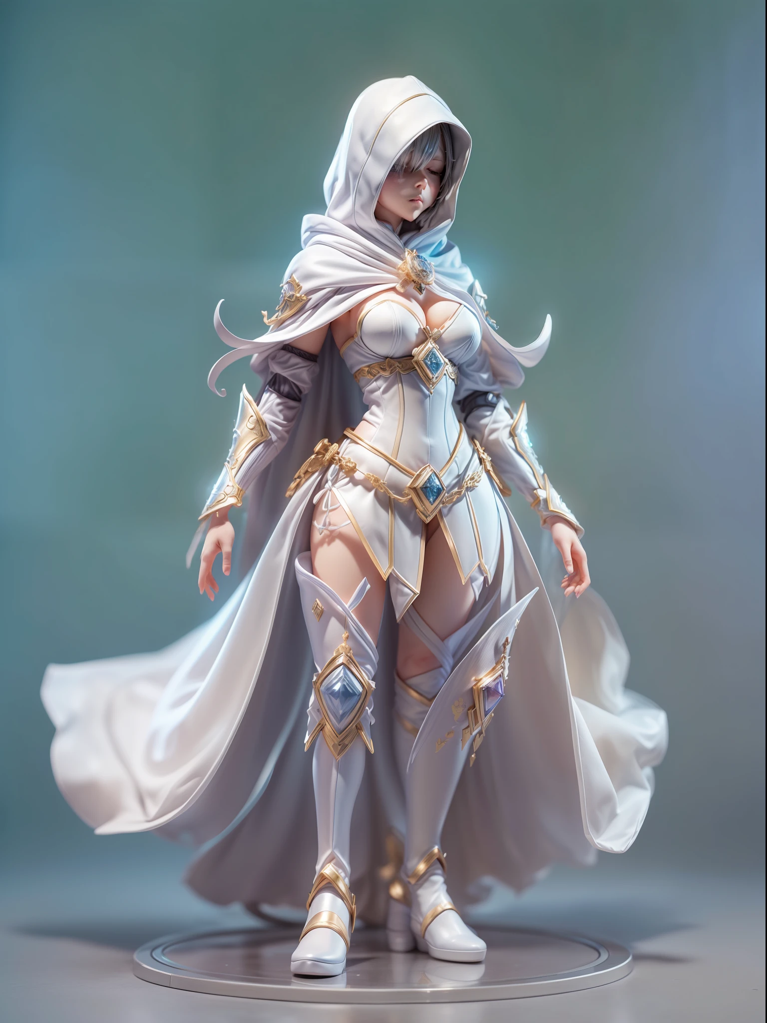 (Blind box toy style:1.3),((Full body shot)) , (1 female mage)(((solo))) transparent cloth armor,transparent Cloth hood, dreamy glow, Clean background,white and silver style,(circular base)( Global illumination, Ray tracing, hdr, unreal render,reasonable design, high detail, Masterpiece, Best quality, hyper HD, Cinematic lighting)