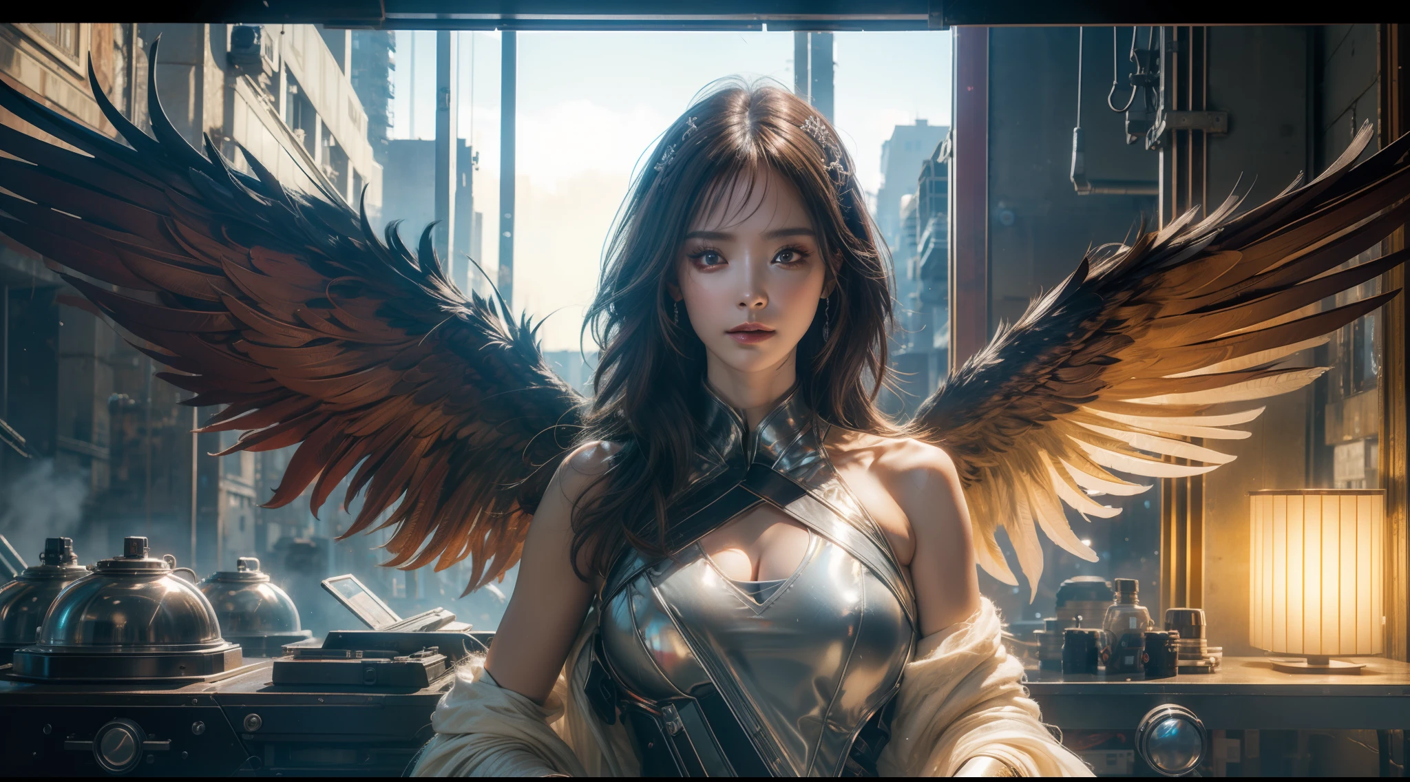((best qualtiy)), ((tmasterpiece)), ((Realistis)), (A detailed), (realisticlying:1.5),illusory engine, (High detail: 1.9),(femele:1.4),(big breasts beautiful: 1.4),(carismatic:1.3), (Large breasts), Female angel,Black feathered wings,beuaty girl,beauitful face, looking at viewert, dynamicposes, postapocalyptic, Destroyed city background, scientific fiction, hdr, Ray traching, NVIDIA RTX, Hyper-Resolution, Unreal 5, sub surface scattering, PBR textures, Post-processing, Anisotropic filtering, depth of fields, Maximum clarity and sharpness, trichotomy,8K original,(Luminous Particle:1.4),(VerydetailedCG,Unity 8k壁纸,cinmatic lighting,lens flare glow),Reflectors,Sharp focus,black toga,Raised