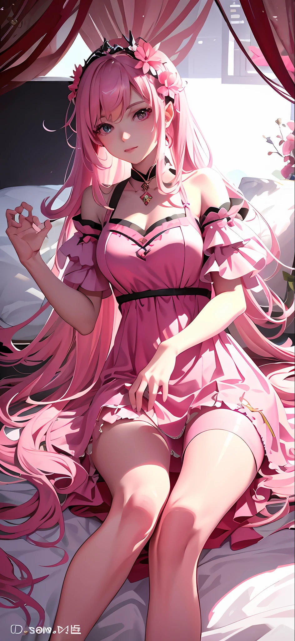On the bed sat a woman in a pink dress, 🌺 CGSesociety, trending on cgstation, Anime goddess, seductive anime girls, 8K high quality detailed art, trending at cgstation, cute anime waifu in a nice dress, pixiv 3dcg, Guviz, Guviz-style artwork, IG model | Art germ