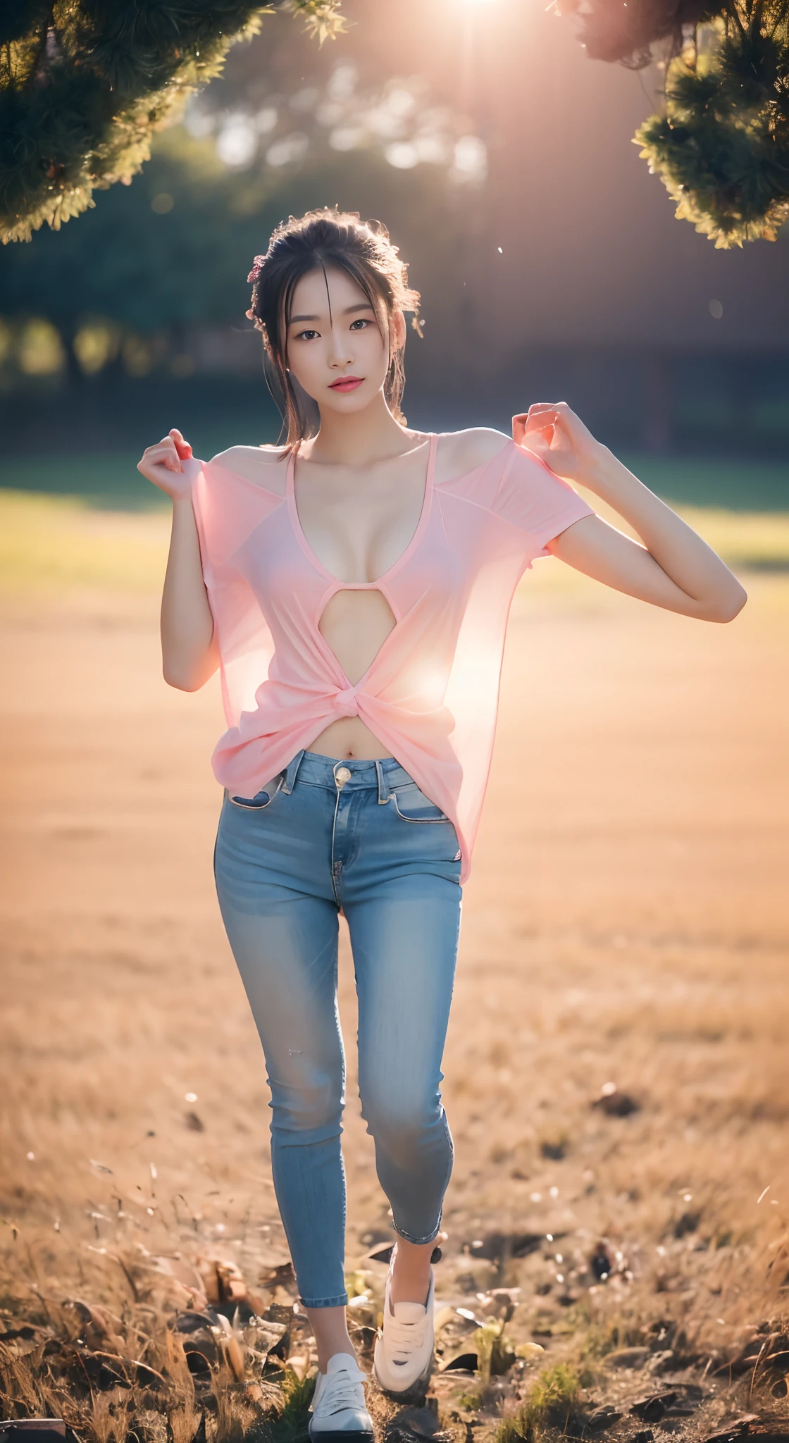 ((Best quality, 8K HD, Masterpiece: 1.3)),  (Wet clothes: 1.1), (rain, grassy fields: 1.3), 1 beautiful woman taking pictures on the grass，RAW photos，tmasterpiece，（highdetailskin：1.2），8k ultra high definition，digital SLR camera，gentlesoftlighting，high high quality，filmgrain，富士XT3，20 years old Asian woman，Wear simple clothes，T-shirt and skinny jeans，Detailed clothing details:1.3，perfect body figure，Perfect breasts and nipple bulge，The legs are straight and slender，Branded stylish shoes:0.6，Super detailed facial details and skin，Fair pink face and skin，The skin is pink，with light glowing，二重まぶた，Super detailed eyes，(Gloss on lips, eyeslashes, Glossy face, Best quality, Super high resolution, warm color，Wide lighting, naturalshadow), Coquettish and sexy, Full body shooting: 1.8