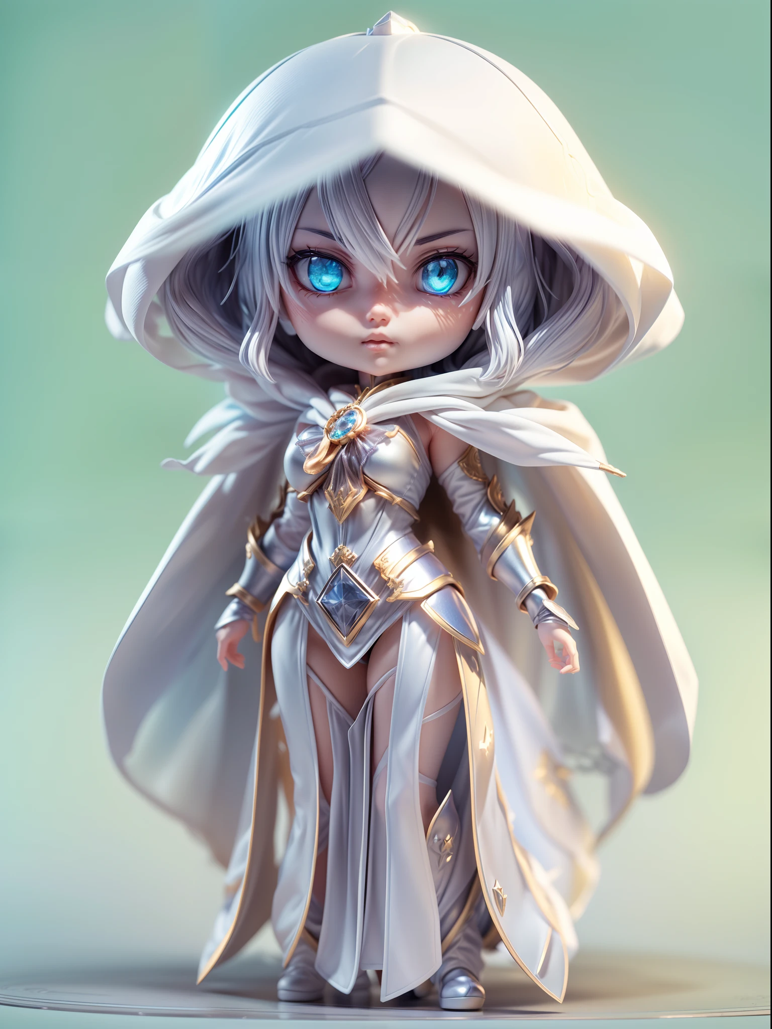 (Blind box toy style:1.3),((Full body shot)) , (1 female mage)(((solo))) transparent cloth armor,transparent Cloth hood, dreamy glow, Clean background,white and silver style,(circular base)( Global illumination, Ray tracing, hdr, unreal render,reasonable design, high detail, Masterpiece, Best quality, hyper HD, Cinematic lighting)