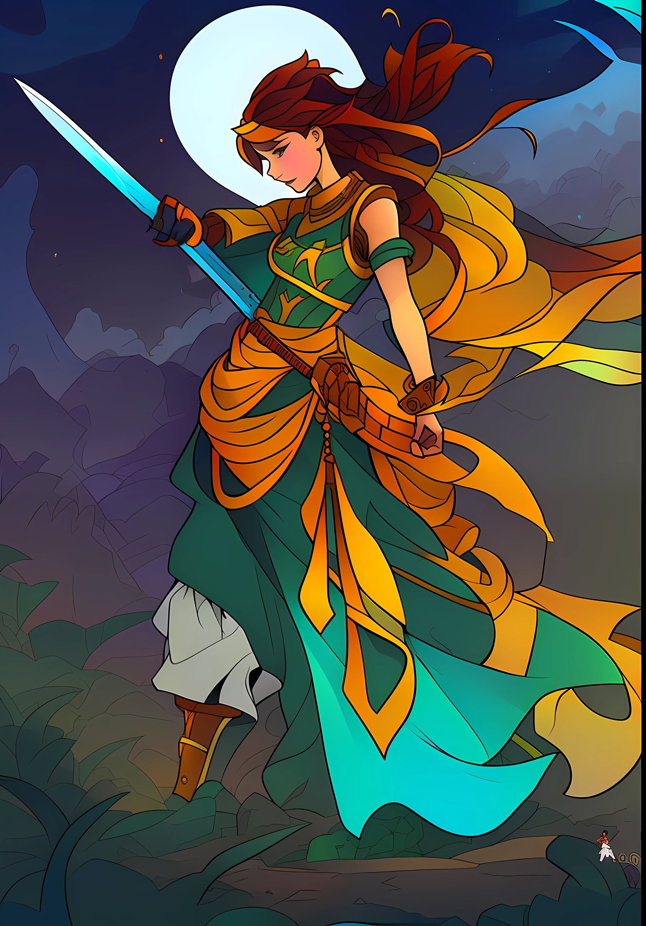 The background is a sea，Large meadow，Cartoon illustration of a woman holding a sword in a long dress, stylised comic art, clean lineart and color, style of duelyst, inspired by Victor Mosquera, fantasy graphic novel style, brittney lee, full-colour illustration, full color digital illustration, Fantasy comic book style, Detailed game art, epic full color illustration, very coherent stylized artwork